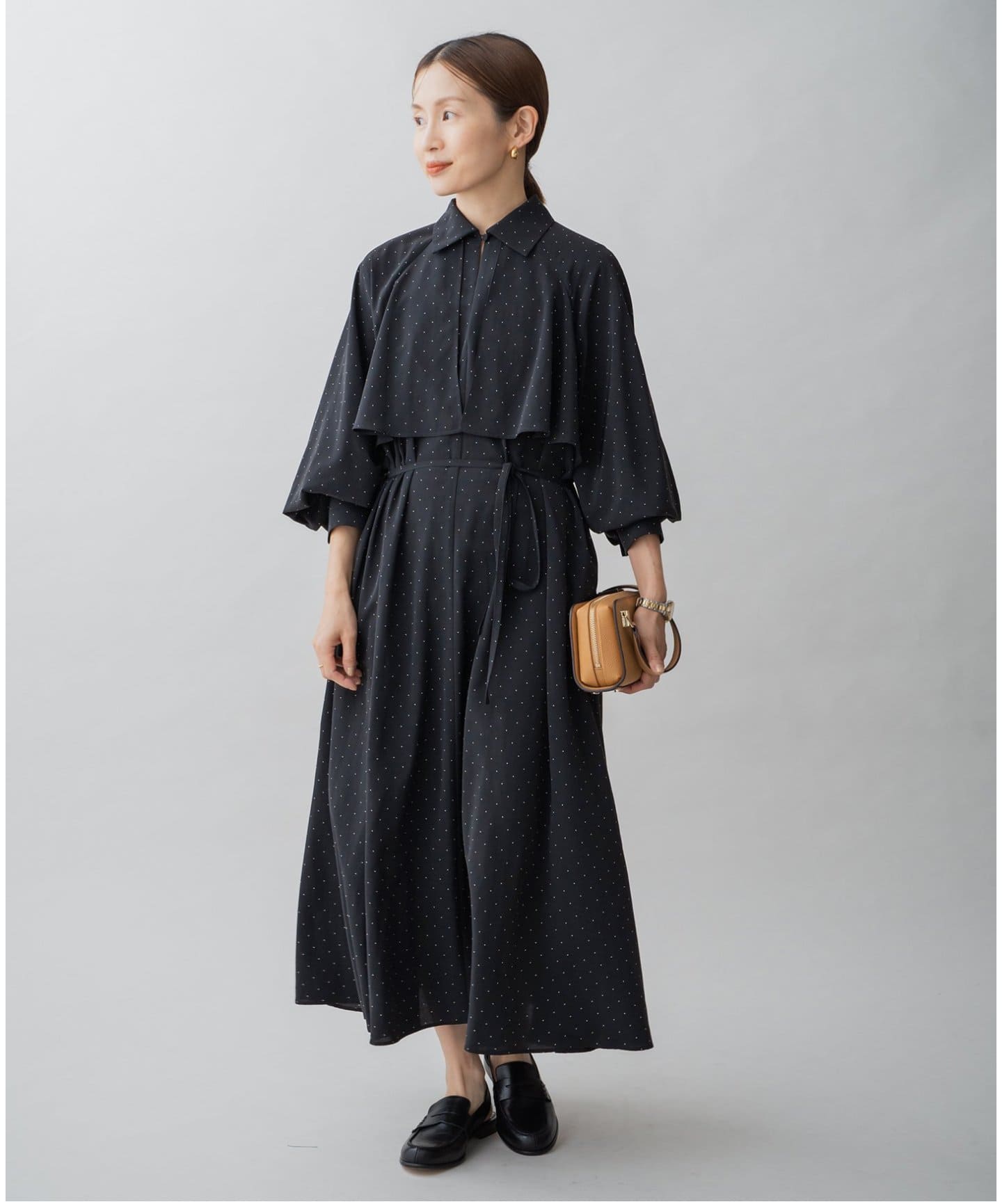 【美品】イエナ 24AW ドットサッシュワンピース オーバーサイズ ブラック 黒 WEB限定/追加2》ドットサッシュワンピース（ワンピース）｜IENA
