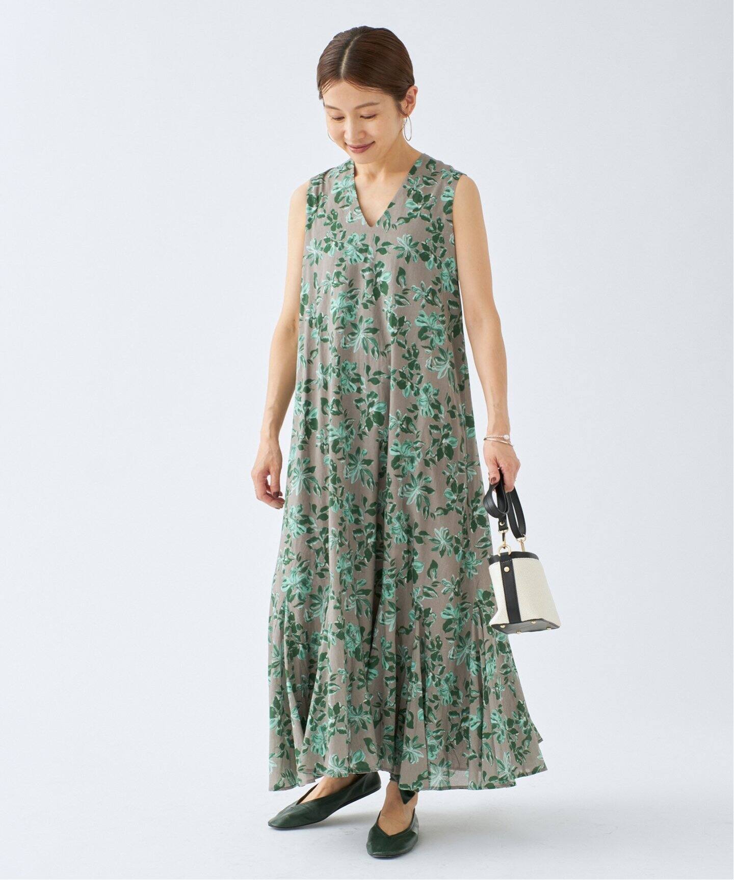 MARIHA 夏の月影のドレス カーキ オリーブ Vネック サマードレス