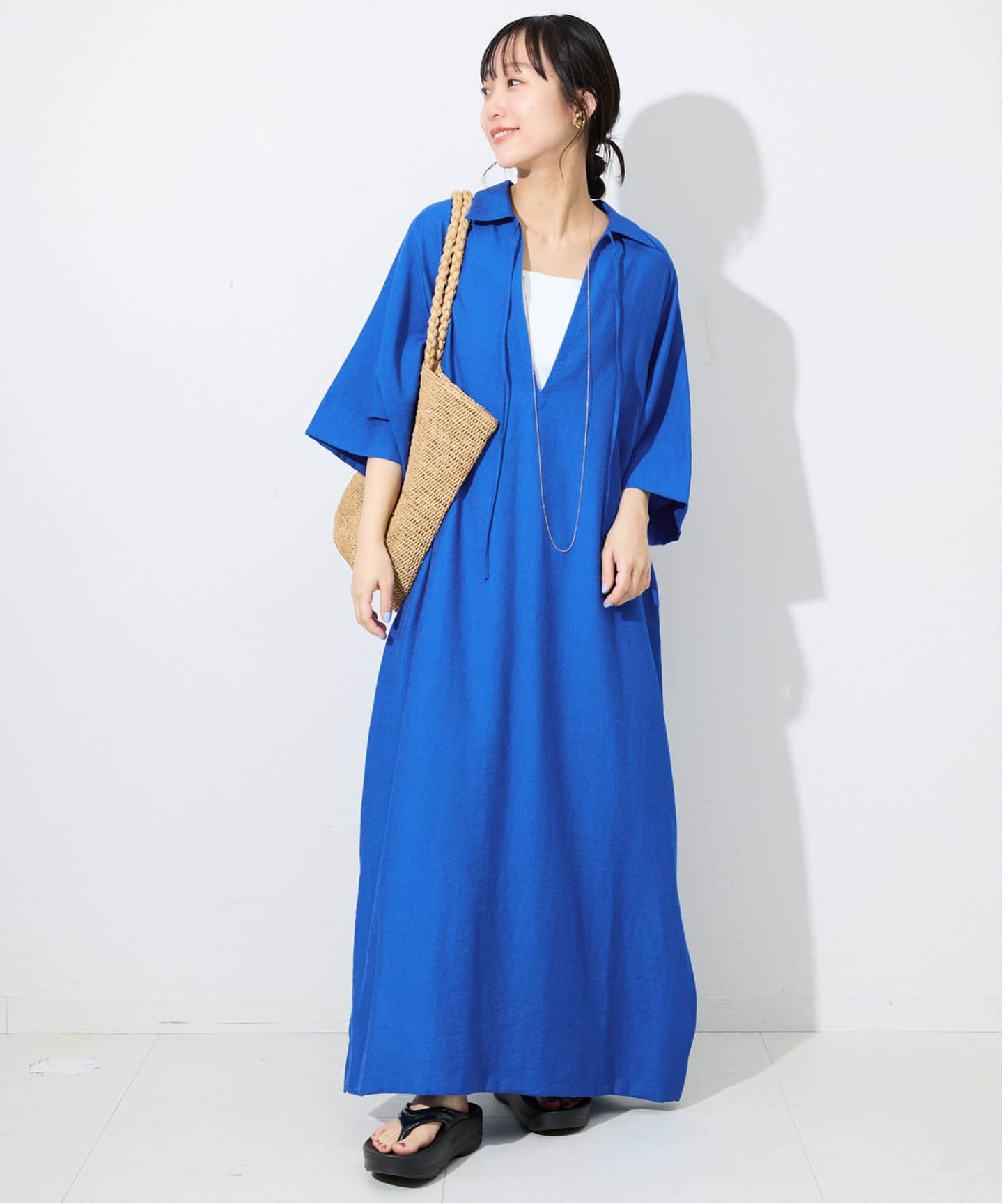 【美品】スロープイエナ　フレンチ　リネン　ロングワンピース SLOBE IENA（スローブイエナ）の「リネン混Vネックロング