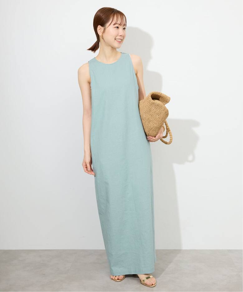 WEB限定/追加》リネンレーヨンノースリーブナローワンピース 