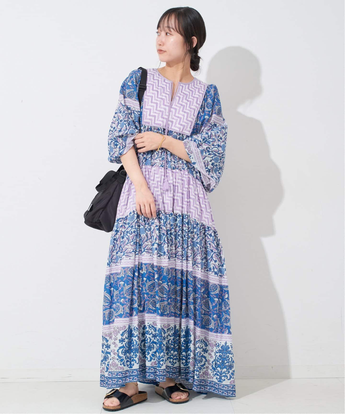 ELLEBLUE エレブルー パネルワンピース インド製 花柄 ティアード ELLEBLUE エレブルー パネルワンピース インド製 花柄