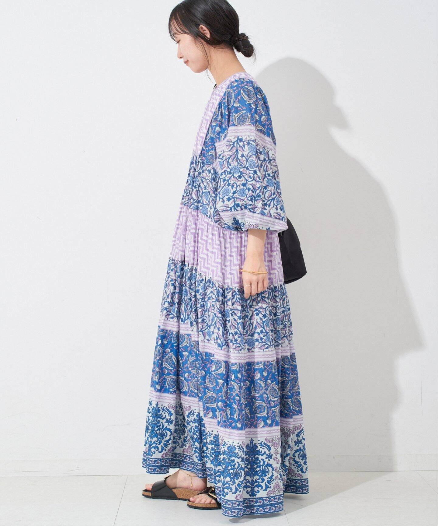 （新品）SLOBE IENA インドパネルティアードワンピース36サイズ　ブルー インドパネルティアードワンピース（ワンピース）｜SLOBE IENA