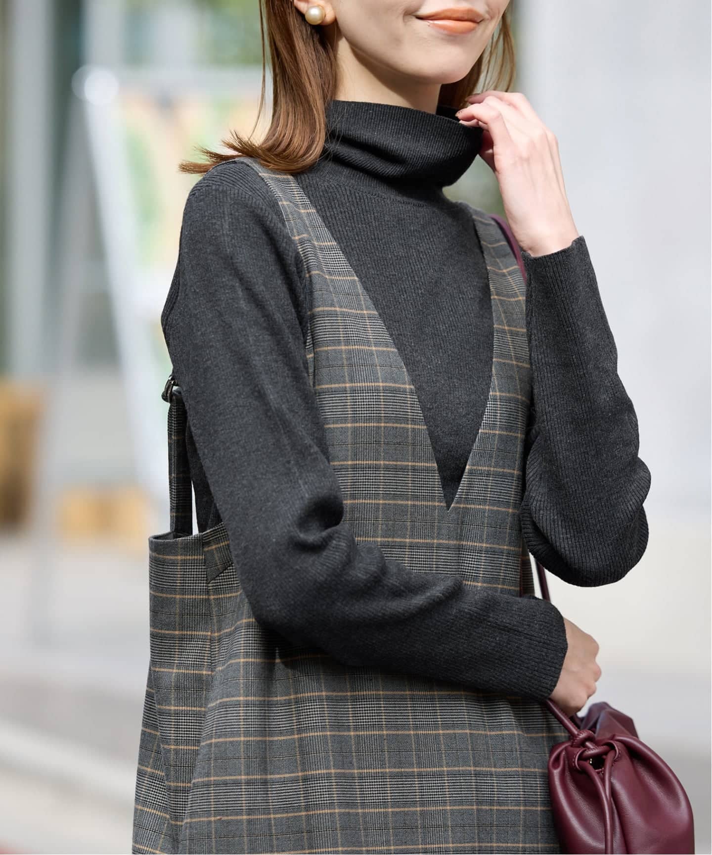 2枚セット】チェックジャンパースカート×タートルニットセット