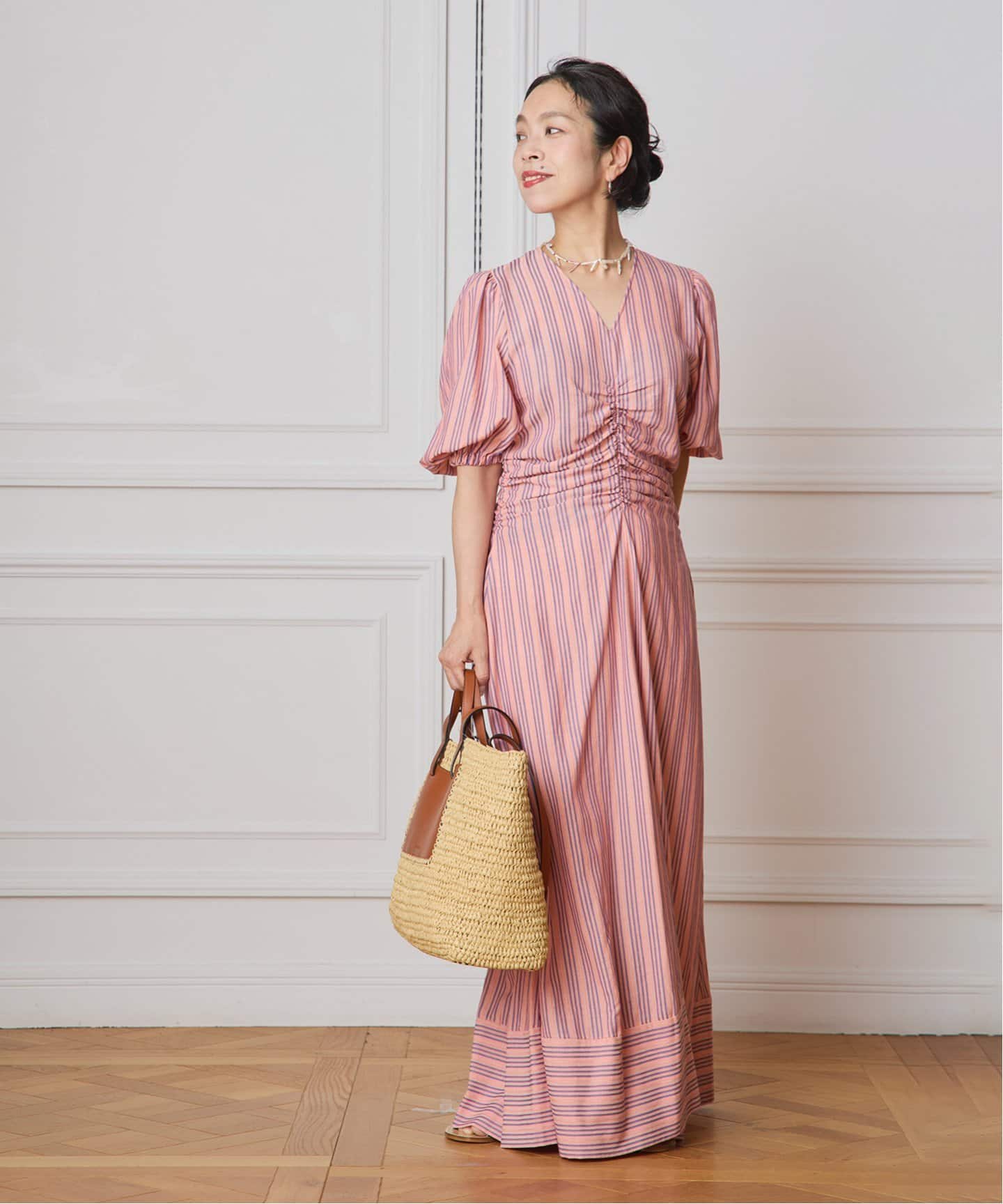 IENA LA BOUCLE ストライプギャザーワンピース（ワンピース