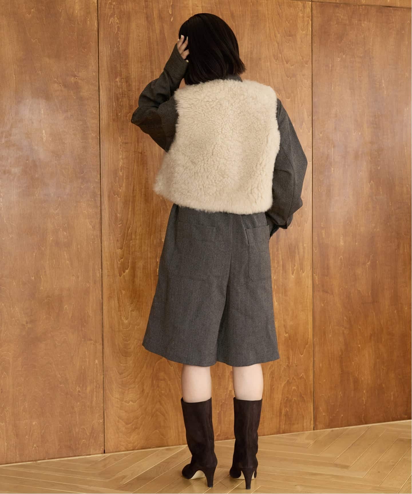 IENA LA BOUCLE メランジツィードハーフオールインワン（つなぎ