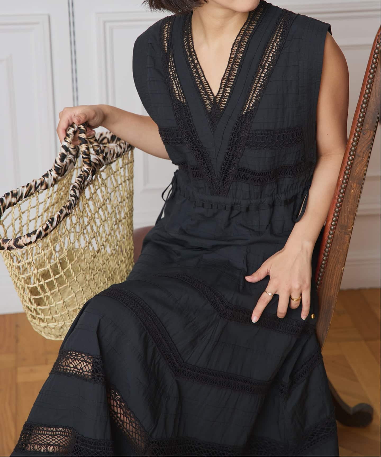 IENA LA BOUCLE cotton ラインレースワンピース（ワンピース