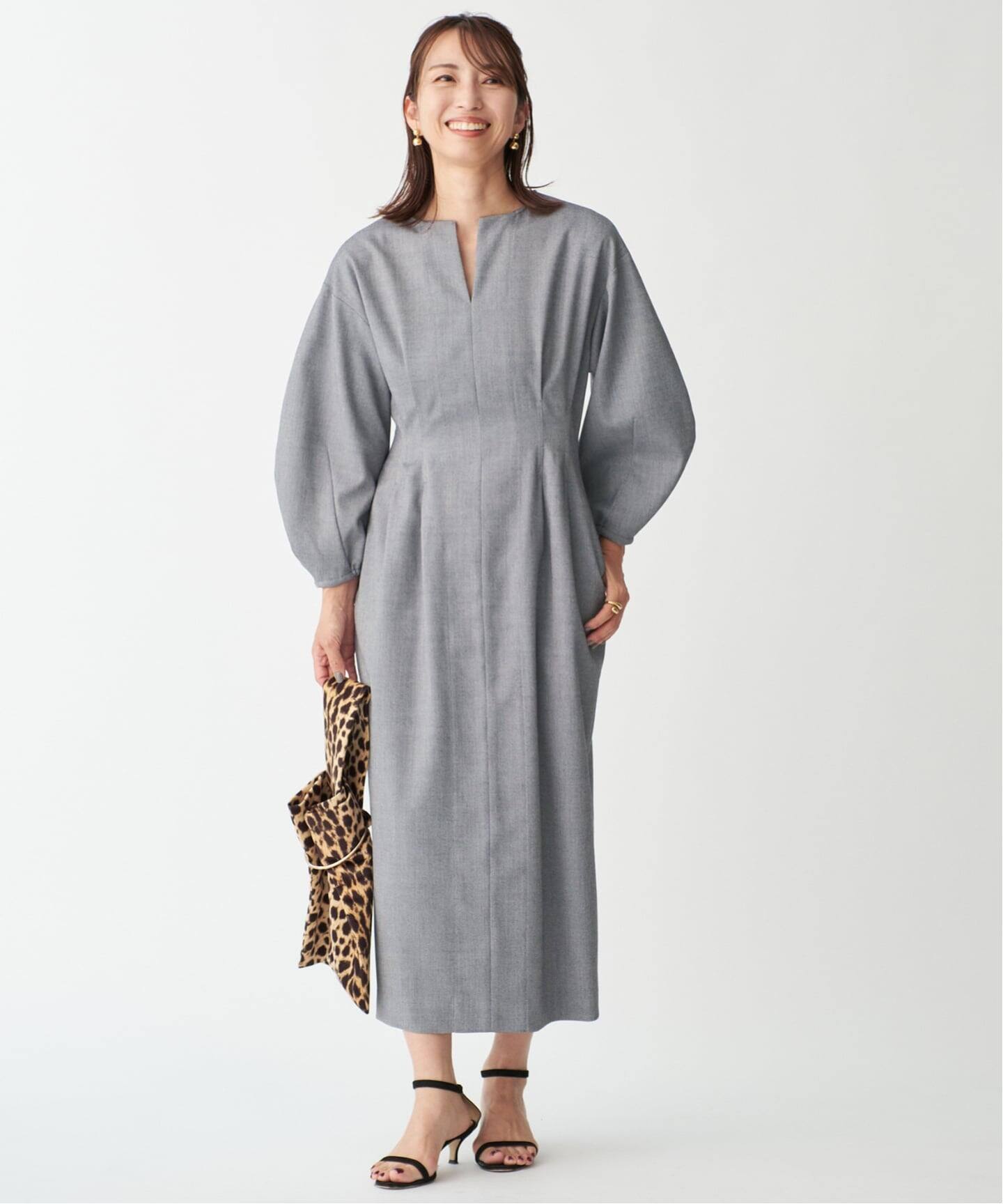 極美品ヴェルメイユパーイエナ定番ウエストシェイプワンピースグレー膝丈38 追加2》P/Ryツイルウエストシェイプワンピース(ワンピース