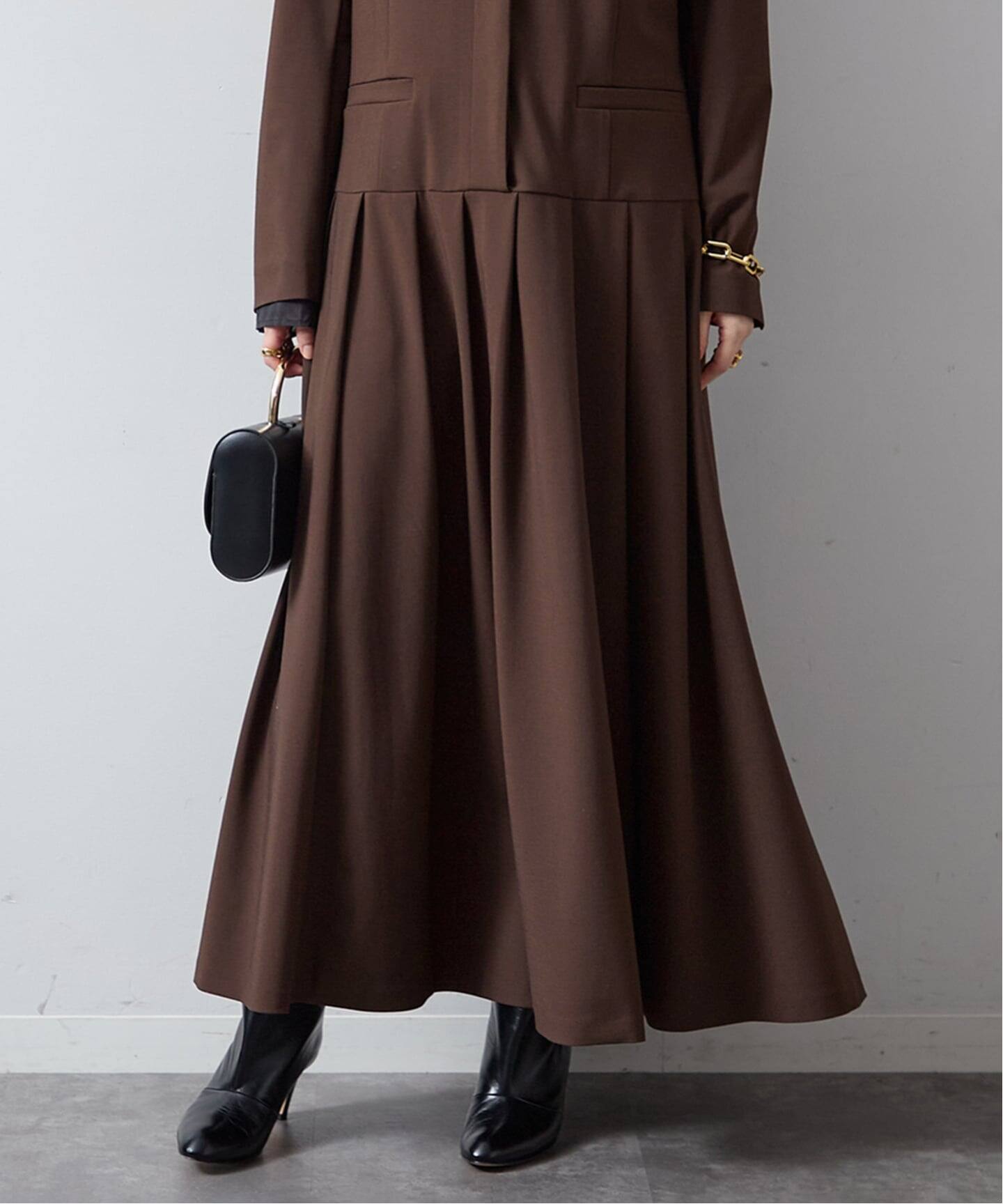 美品✨ヴェルメイユパーイエナ ロングワンピース フレア ブラウン TRストレッチタックワンピース（ワンピース）｜VERMEIL par iena