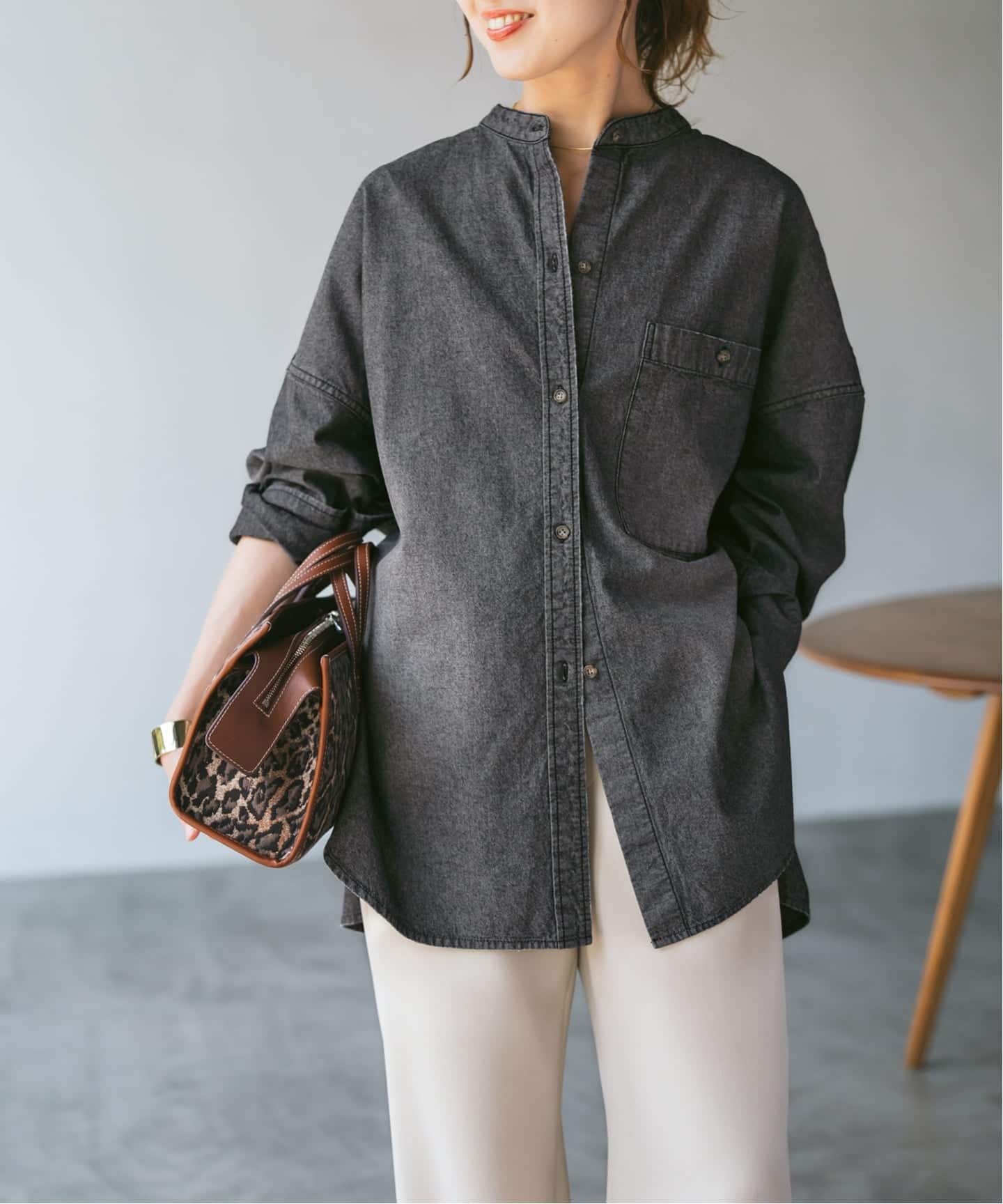 追加》バンドカラーボックスダンガリーシャツ（シャツ／ブラウス