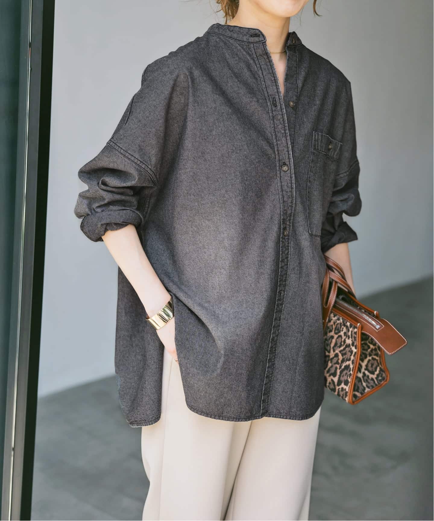 追加》バンドカラーボックスダンガリーシャツ（シャツ／ブラウス