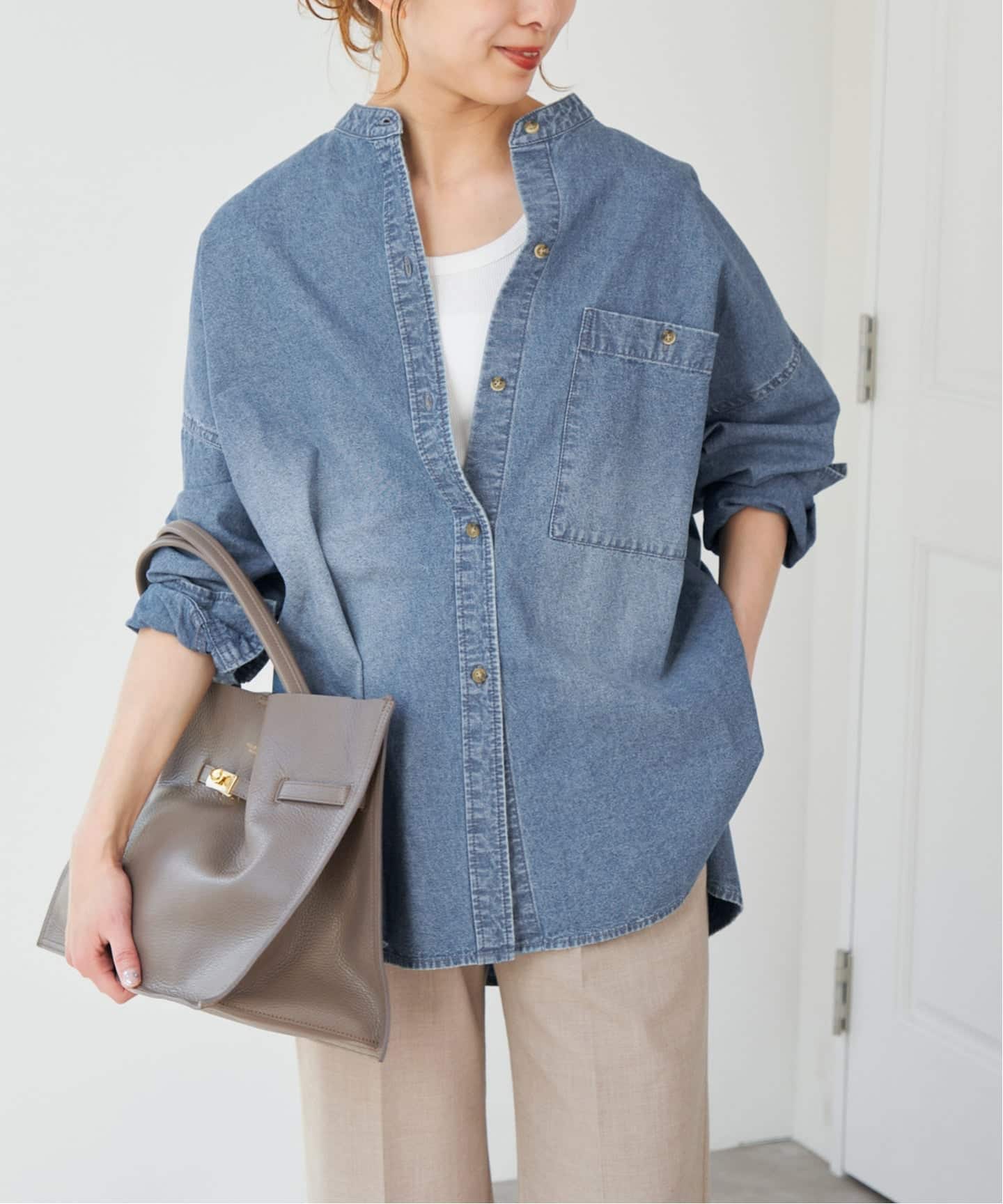 ま*ん様 美品　スピックアンドスパン　バンドカラーボックスダンガリーシャツ 追加》バンドカラーボックスダンガリーシャツ（シャツ／ブラウス