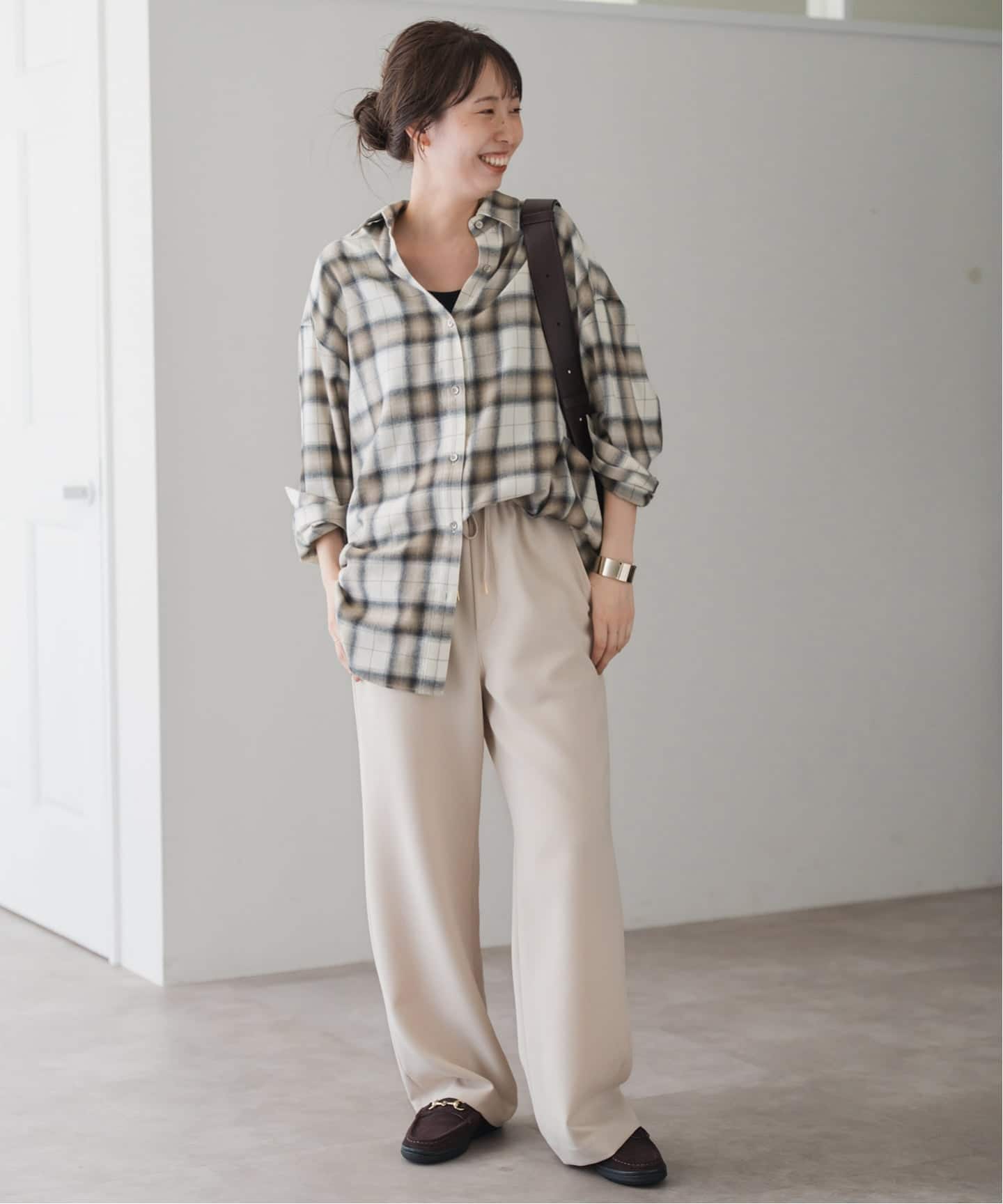 メタルボタンオンブレーチェックルーズシャツ（シャツ／ブラウス