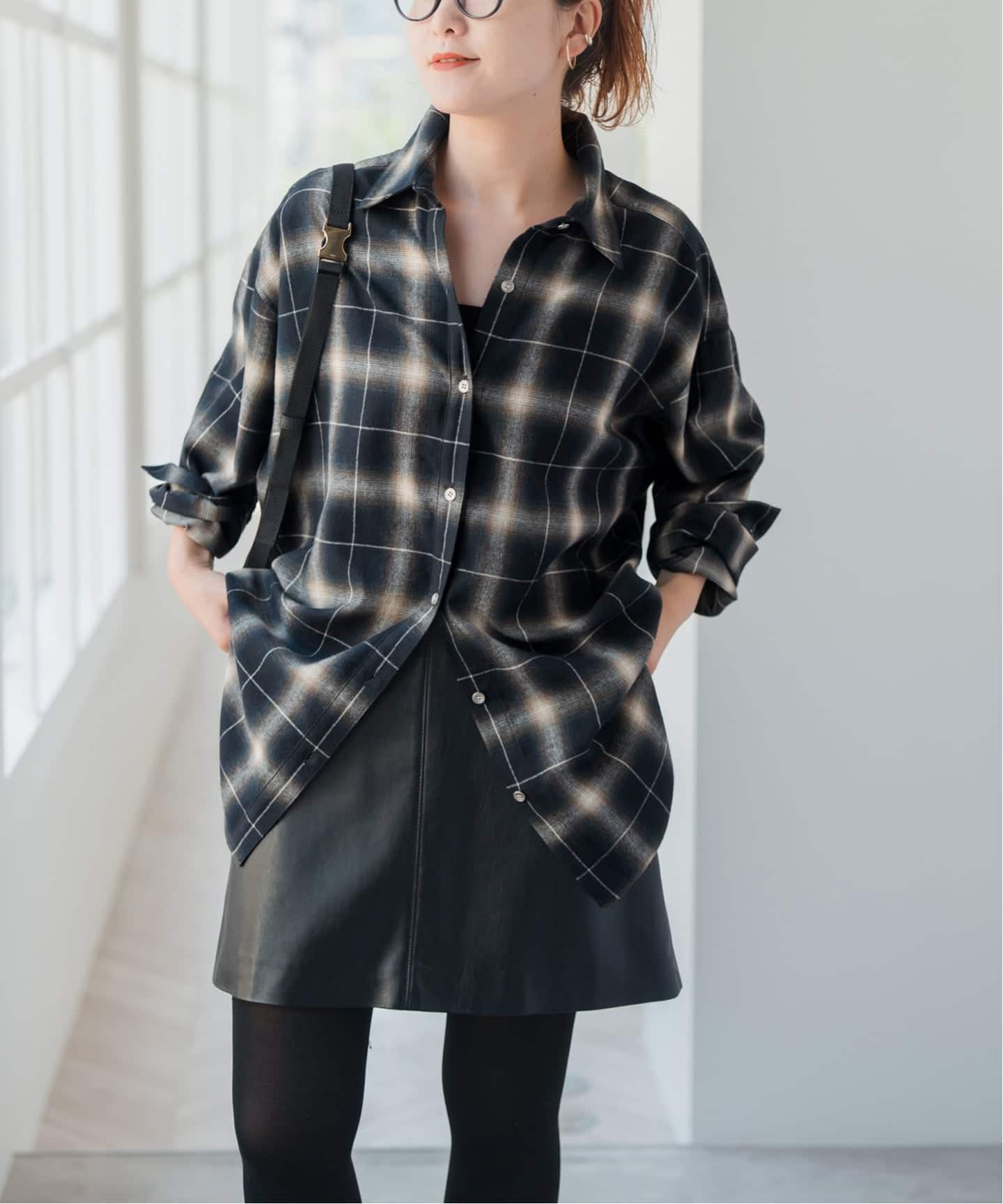 Spick & Span メタルボタンTRチェックルーズシャツ 　ブラック スピック＆スパン Spick & Span 《追加予約》メタルボタンTR