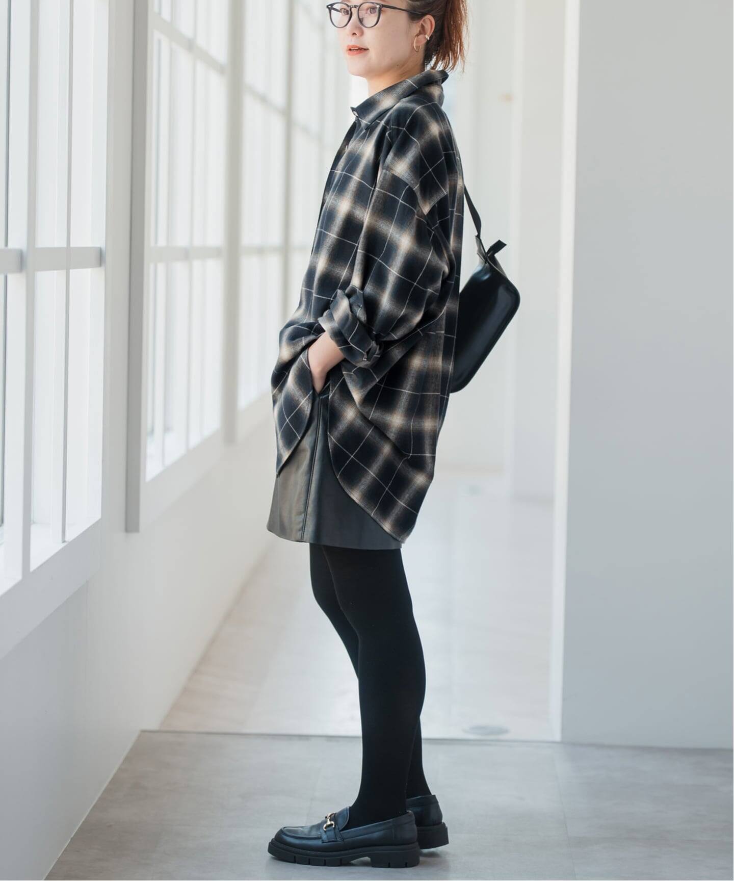 メタルボタンオンブレーチェックルーズシャツ（シャツ／ブラウス