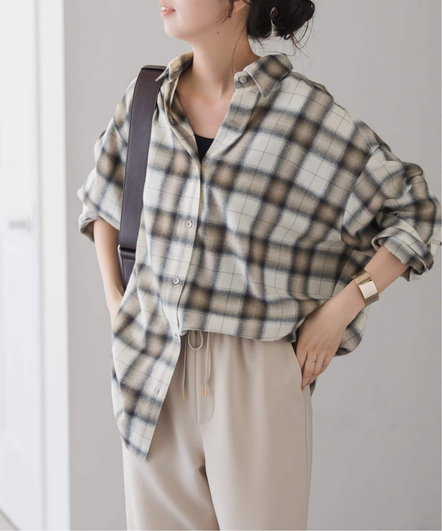 メタルボタンオンブレーチェックルーズシャツ（シャツ／ブラウス