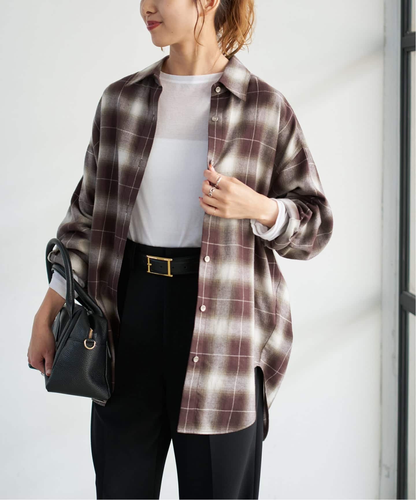 メタルボタンオンブレーチェックルーズシャツ（シャツ／ブラウス