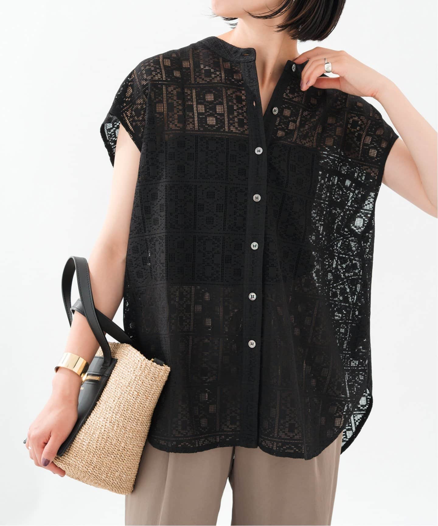 Spick&Span「PEレースフレンチスリーブシャツ」 WEB限定》PEレースフレンチスリーブシャツ（シャツ／ブラウス