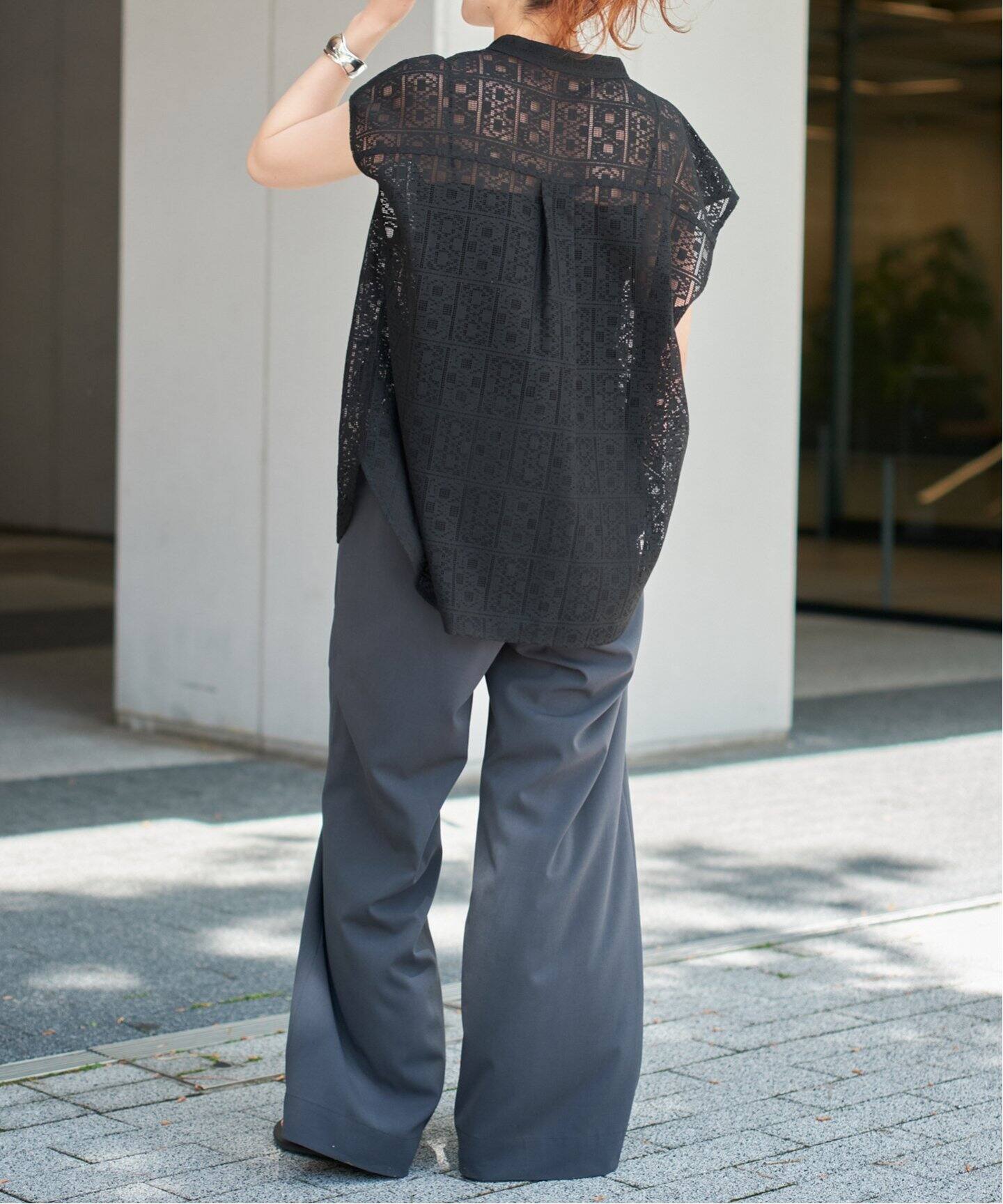 スピックアンドスパン 新品 PEレース フレンチスリーブシャツ(ホワイト) WEB限定追加3》PEレースフレンチスリーブシャツ（シャツ