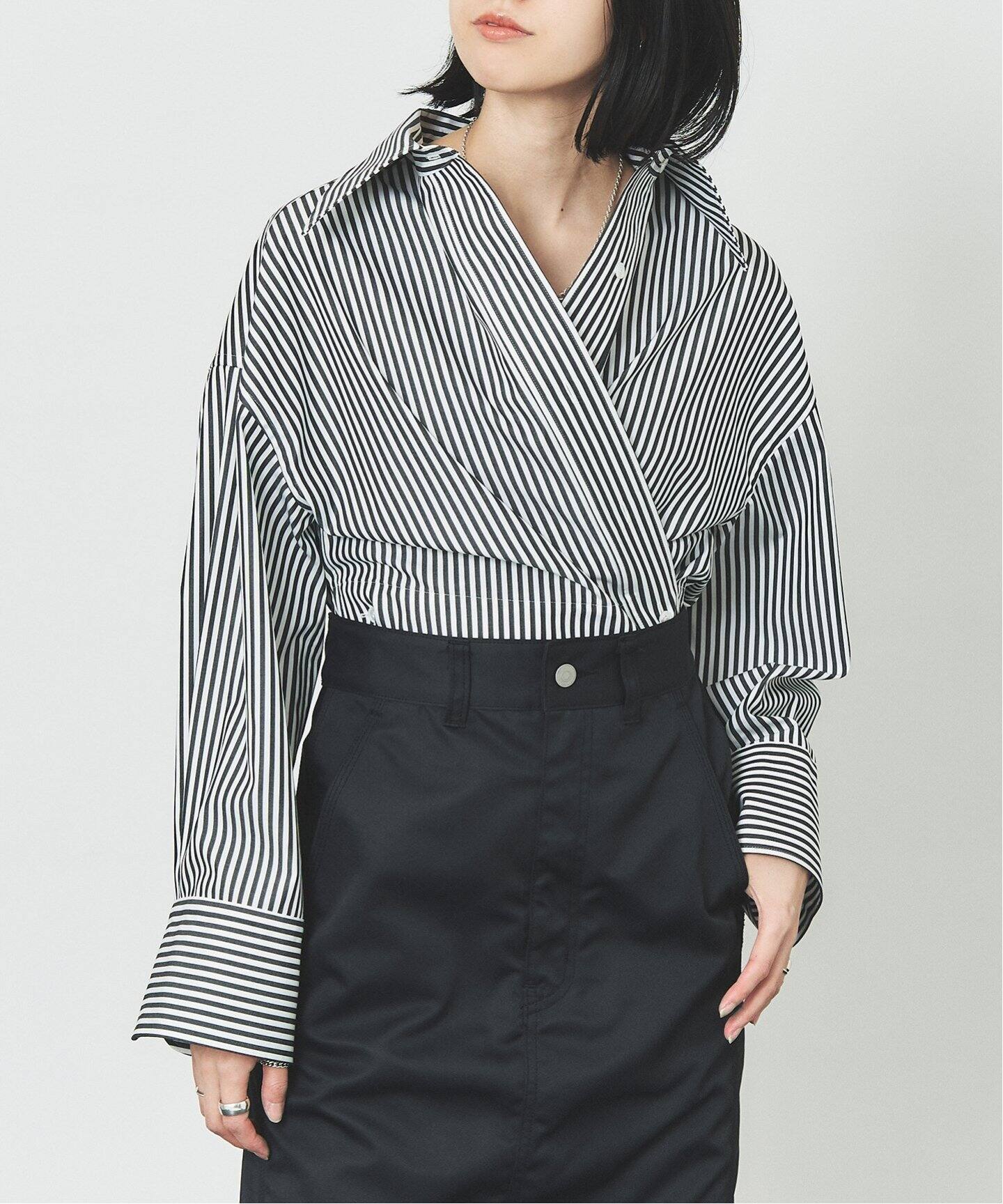 追加》ストライプクロップドカシュクールシャツ（シャツ／ブラウス 