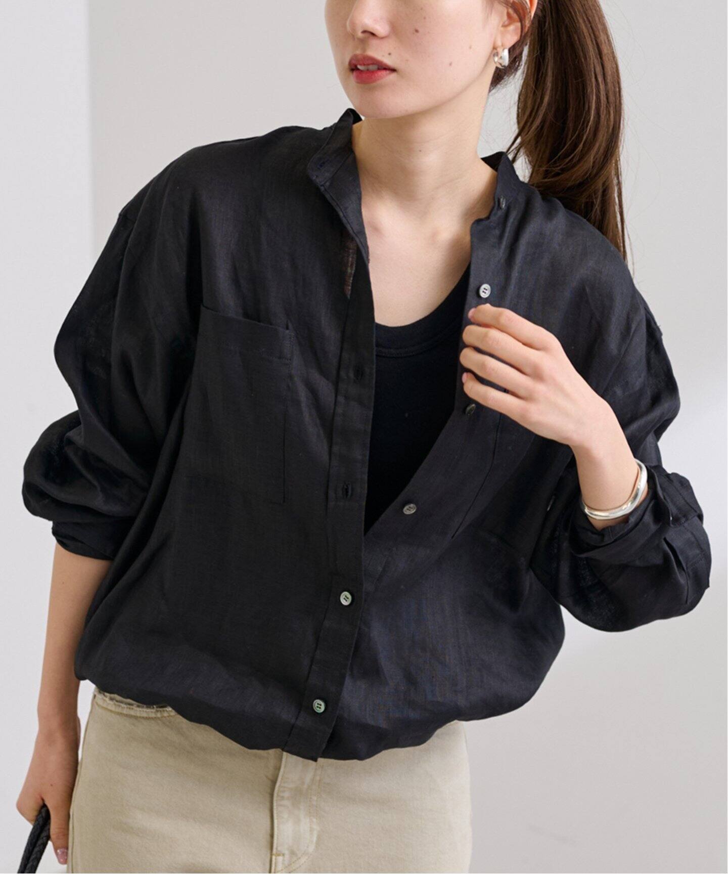 【新品】FRAMWORK フレンチリネンシャツ ブラック FRAMeWORK ≪追加≫フレンチリネンドロストシャツ ブラック