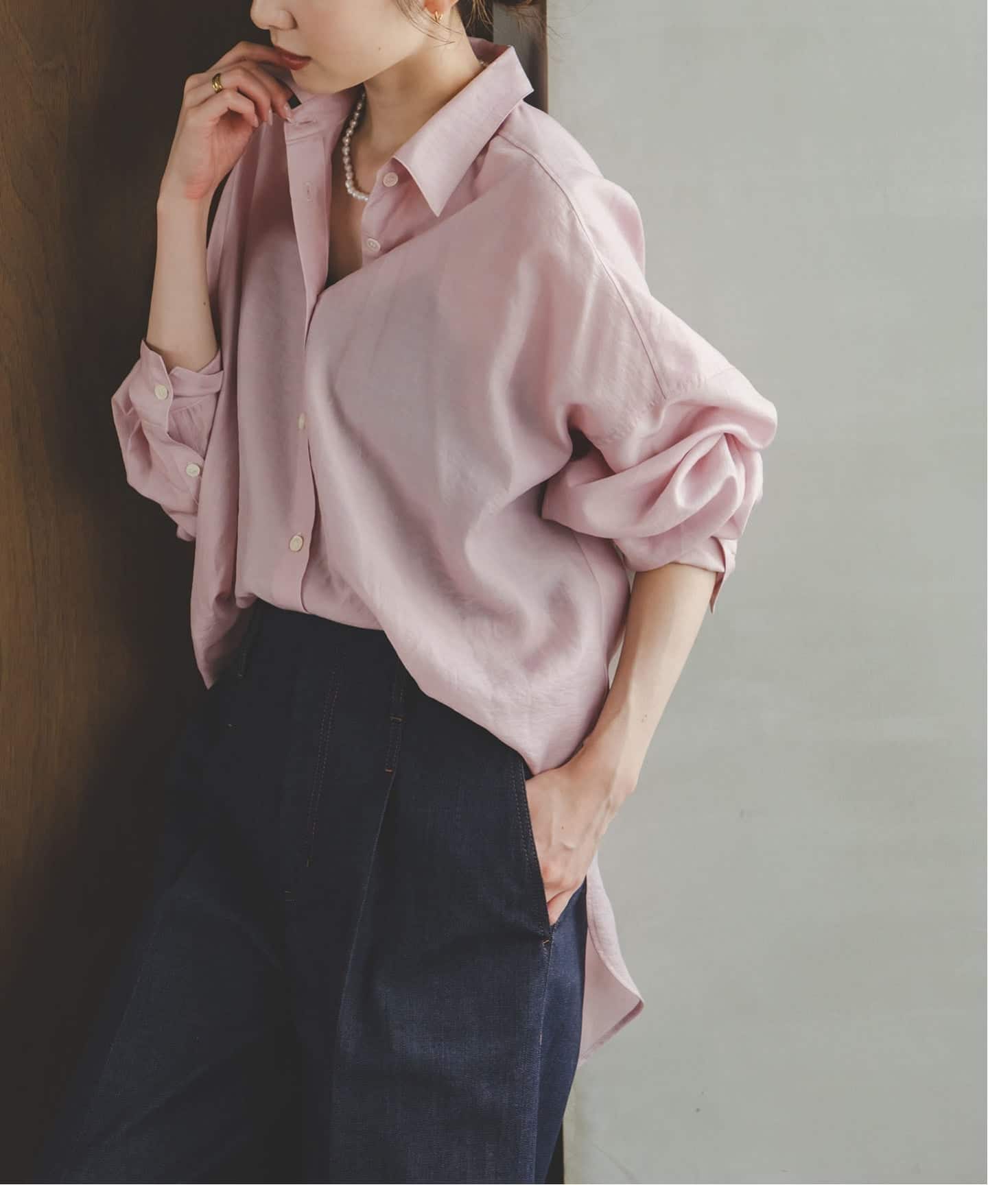 NOBLE　美品　イージーケアルーズドレープシャツ　ピンク　フリーサイズ　日本製 ノーブル NOBLE 《追加》イージーケアルーズドレープシャツ