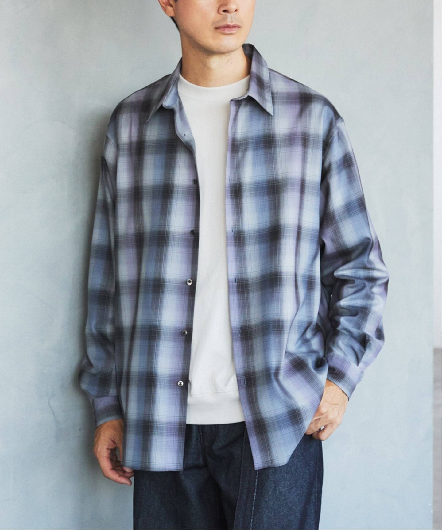 ネイビーグレー チェック柄 長袖シャツ チェック柄 長袖シャツ