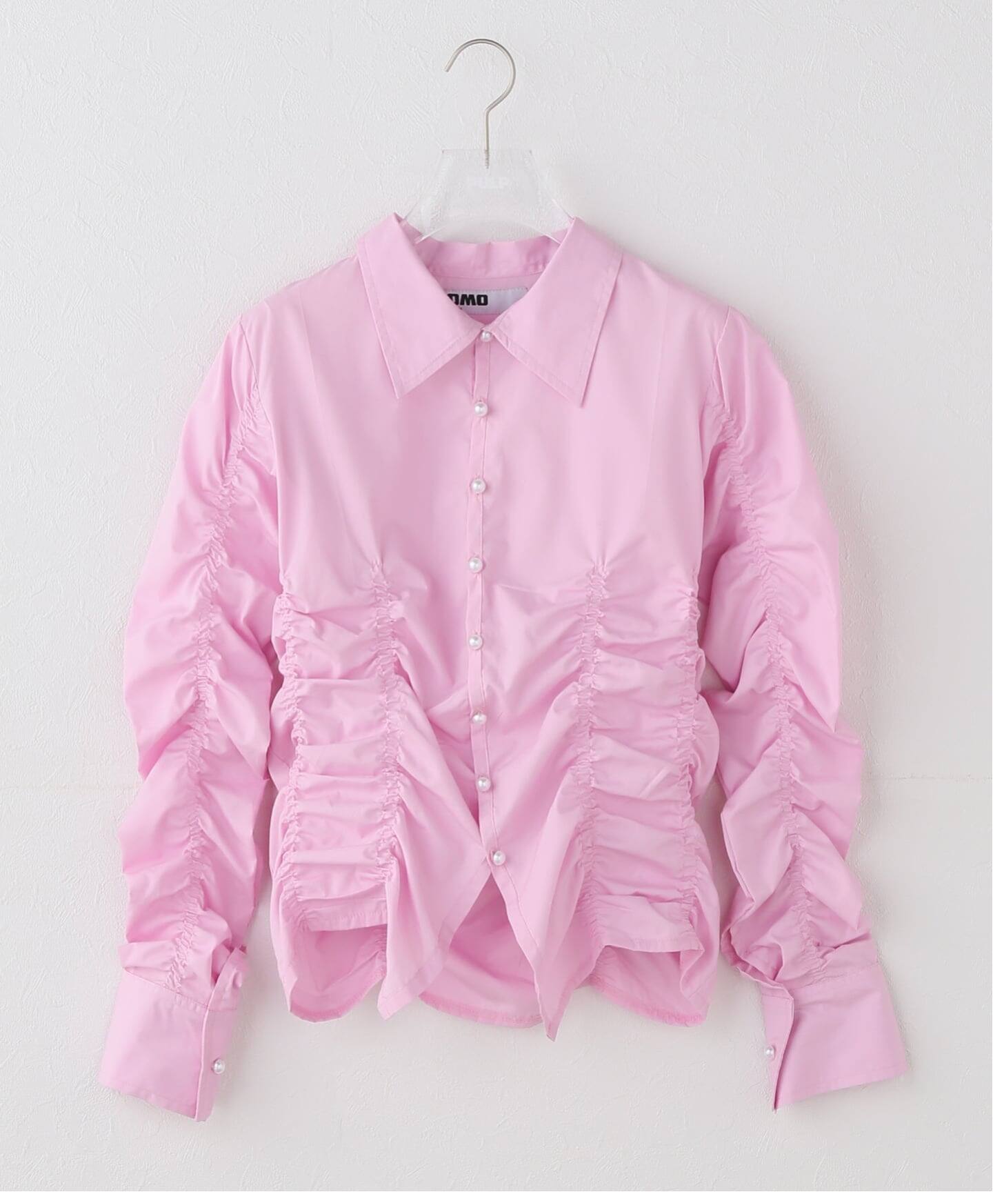 ハグオーワー リネン　オーバーダイカットオフフリルシャツ　ブラウス　ピンク OMO / オーエムオー Ruched Long Sleeve Shirt in Pink（シャツ