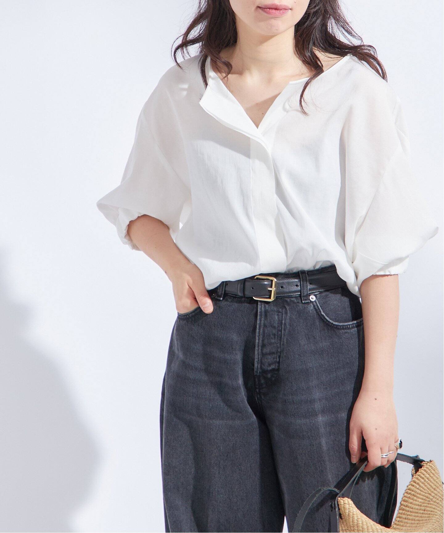 新品未使用JOURNAL STANDARD L'ESSAGE ノーカラーシャツ オーガンジーニュアンスノーカラーシャツ（シャツ／ブラウス