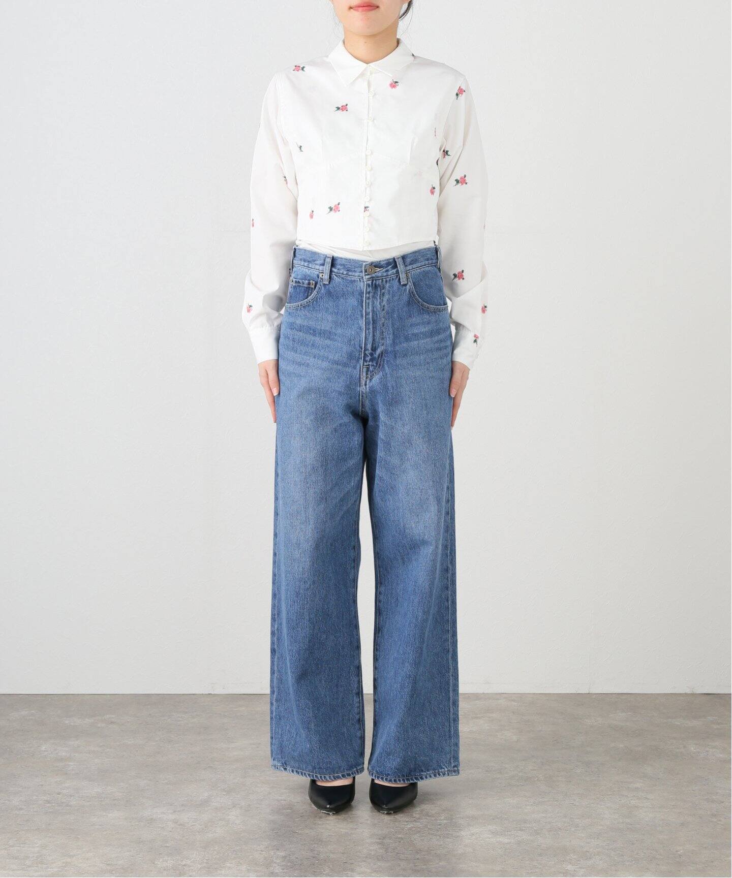 ブラウス シャツ 「JANE SMITH/ジェーンスミス」FLOWER EMBROIDERY SHORT SHAPE：シャツ レディース JANE SMITH/ジェーンスミス】FLOWER EMBROIDERY SHORT SHAPE