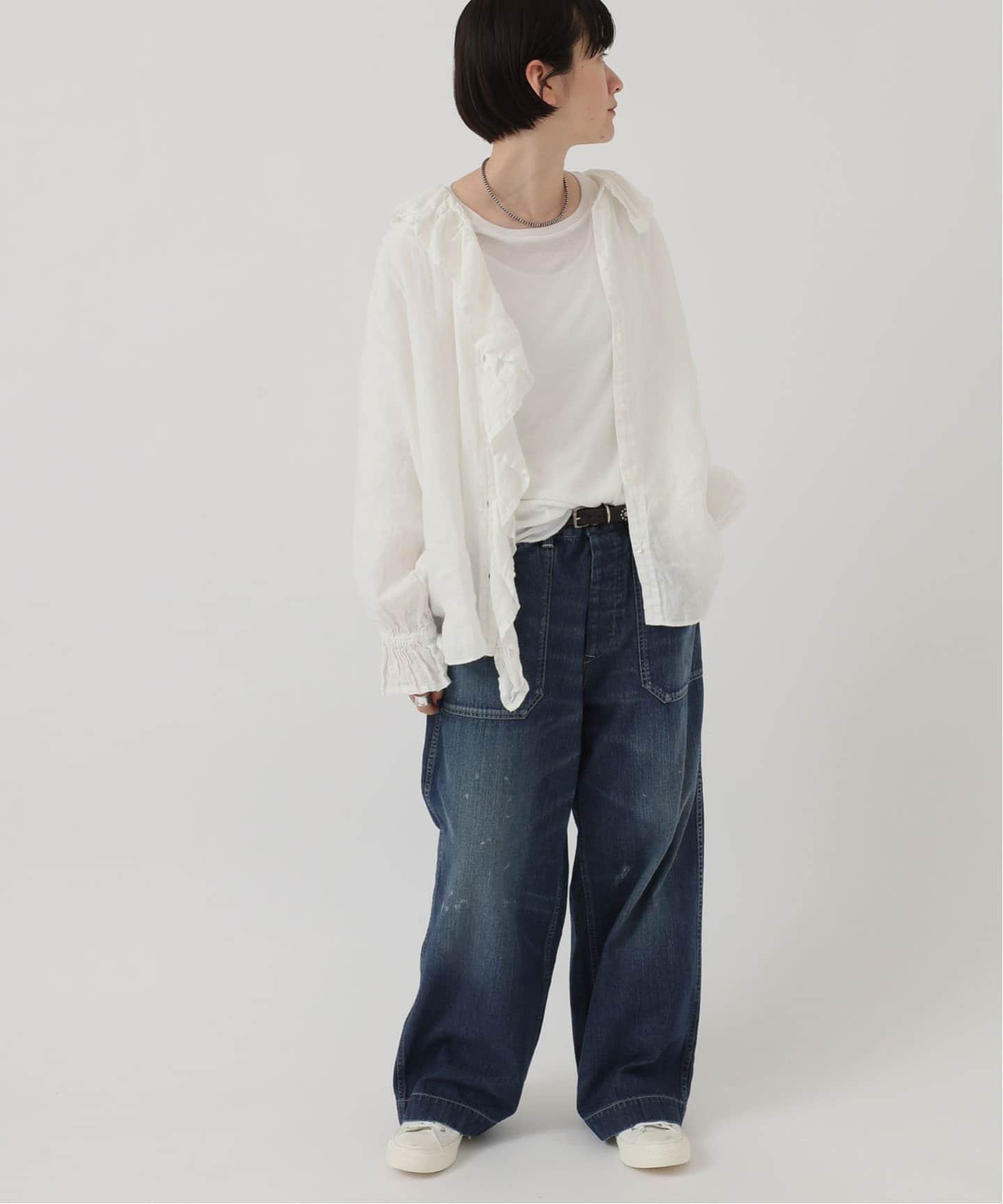 journal standard luxeフレンチリネン フリルパフブラウス 紺 JOURNAL STANDARD LUXE ブラウス シャツ 「追加」フレンチリネン