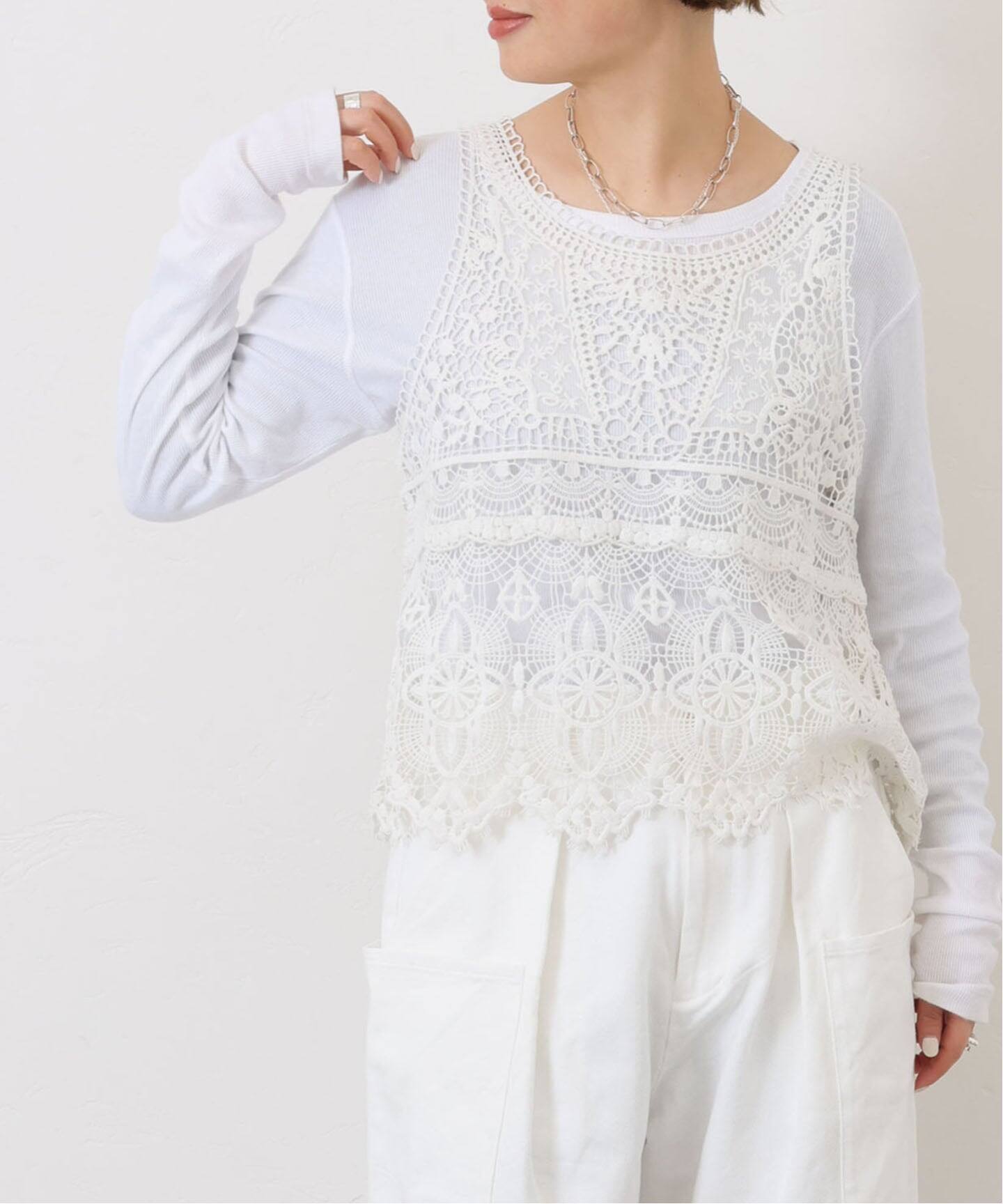 追加》レースMIXノースリーブブラウス（010/040）（シャツ／ブラウス