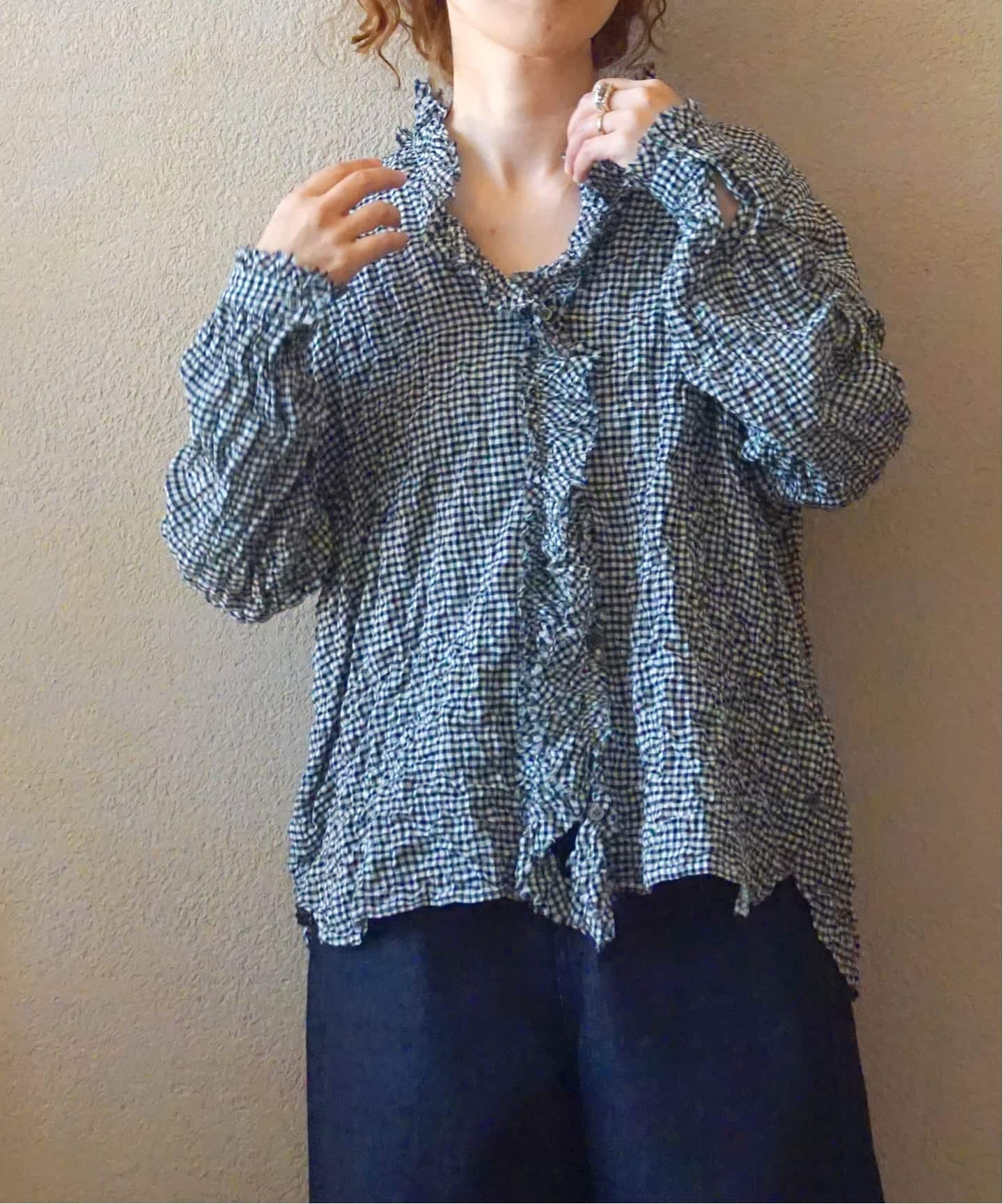 シャーリングチェック フリルブラウス（シャツ／ブラウス）｜journal