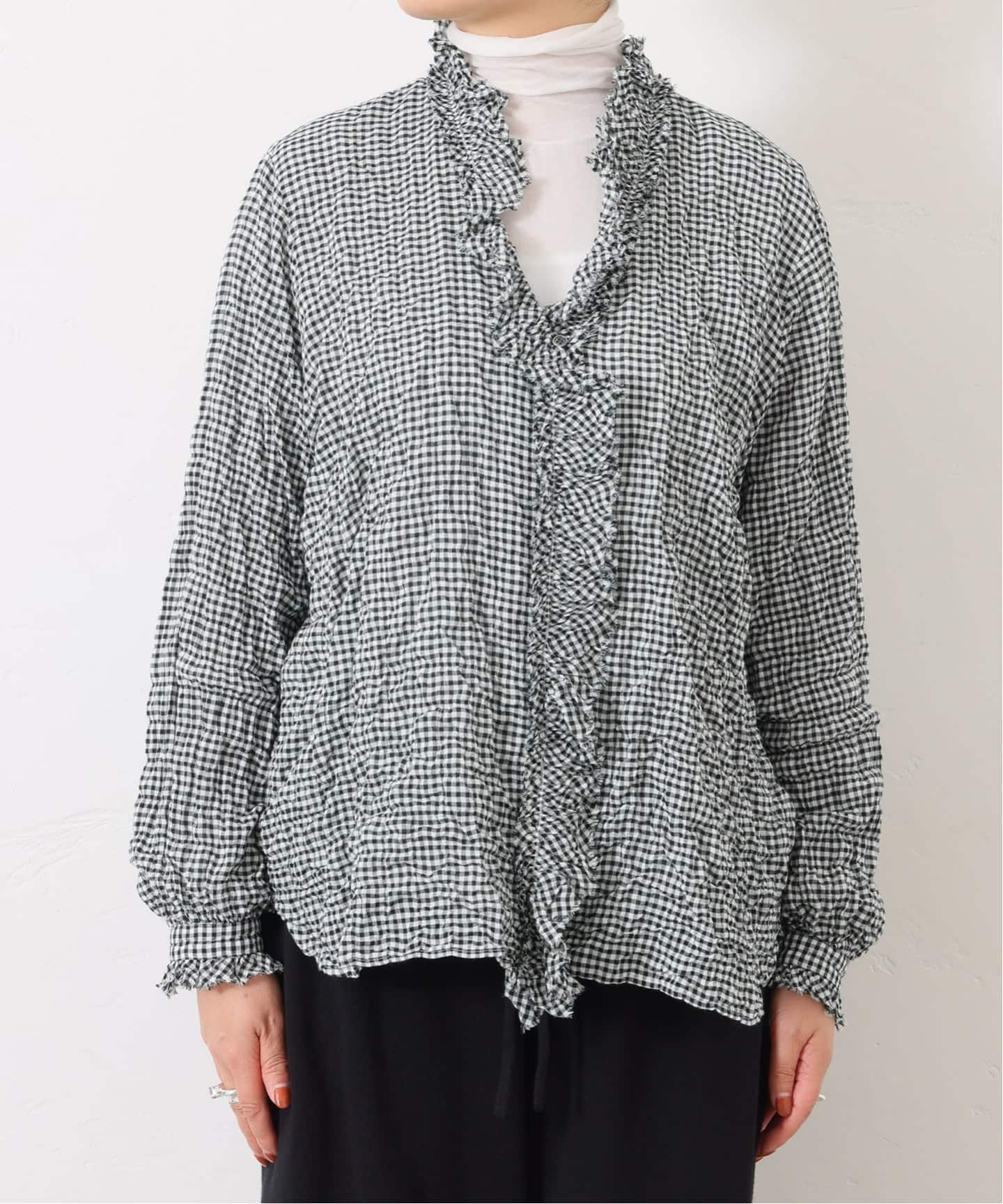 シャーリングチェック フリルブラウス（シャツ／ブラウス）｜journal