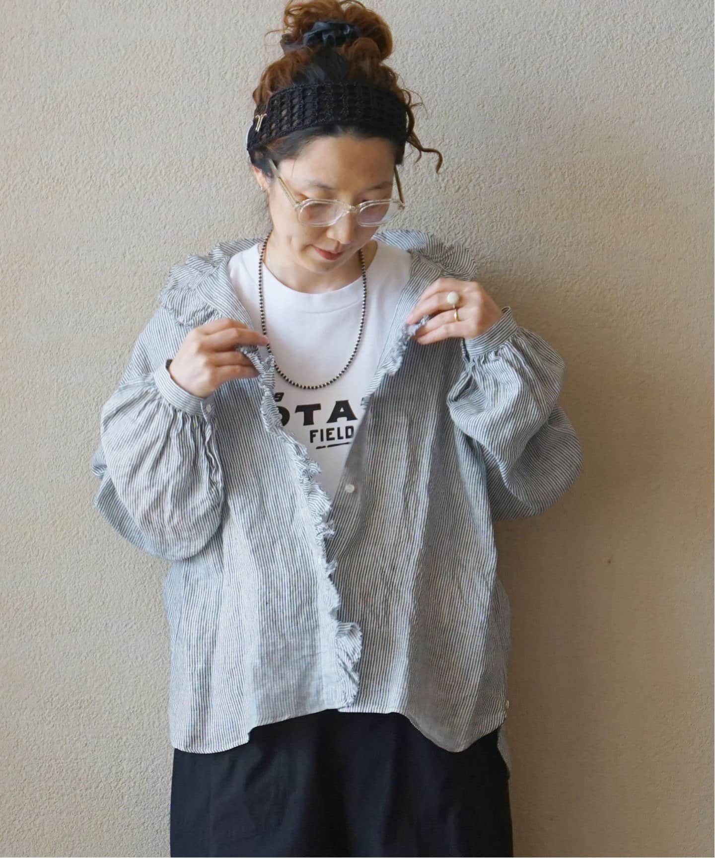 journal standard luxe リネンストライプ フリルブラウス リネンストライプ フリルブラウス（シャツ／ブラウス）｜journal