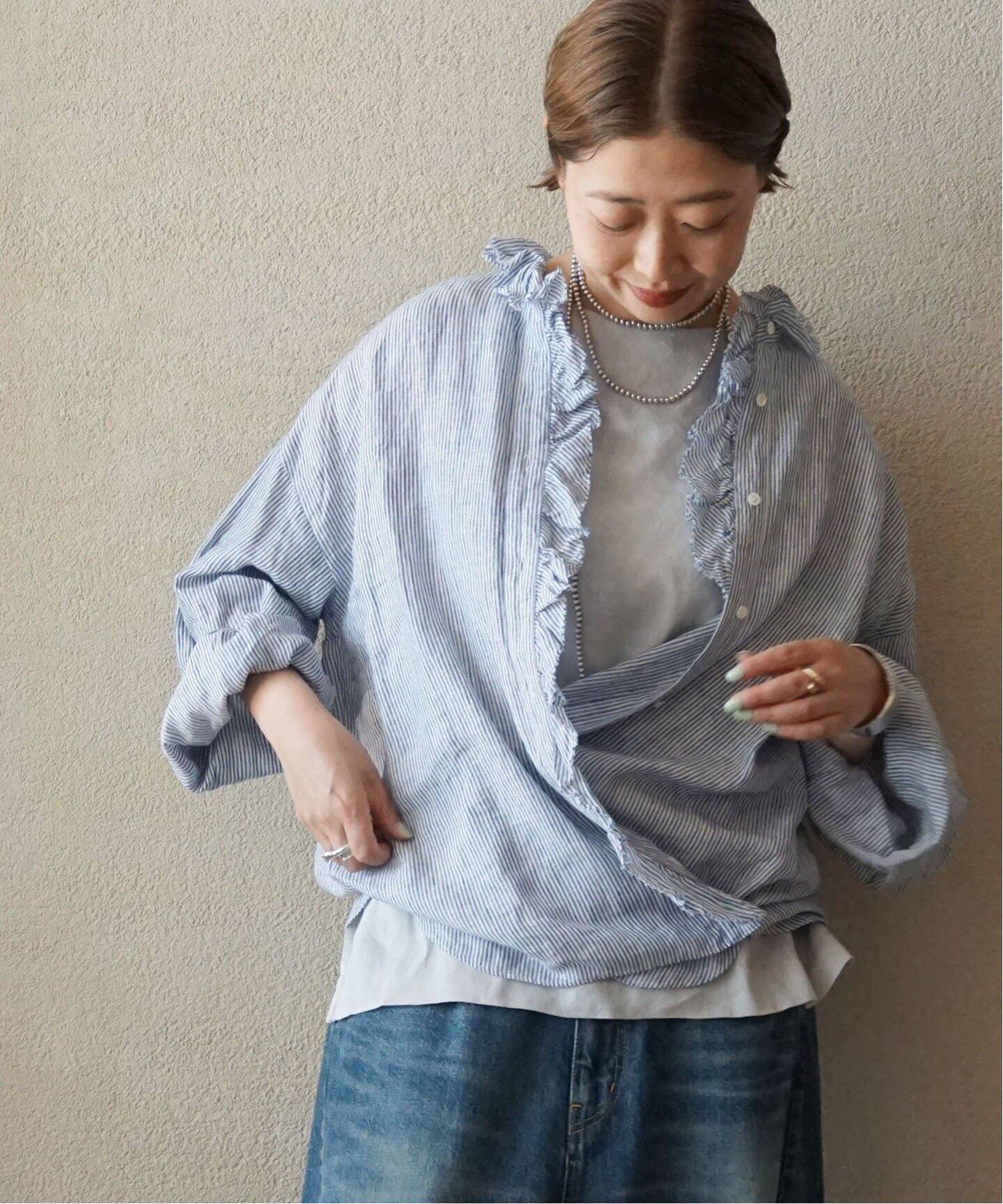 リネンストライプ フリルブラウス（シャツ／ブラウス）｜journal 