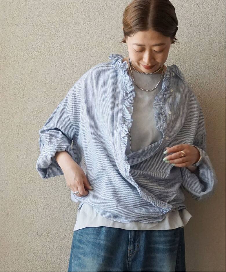 リネンストライプ フリルブラウス（シャツ／ブラウス）｜journal 