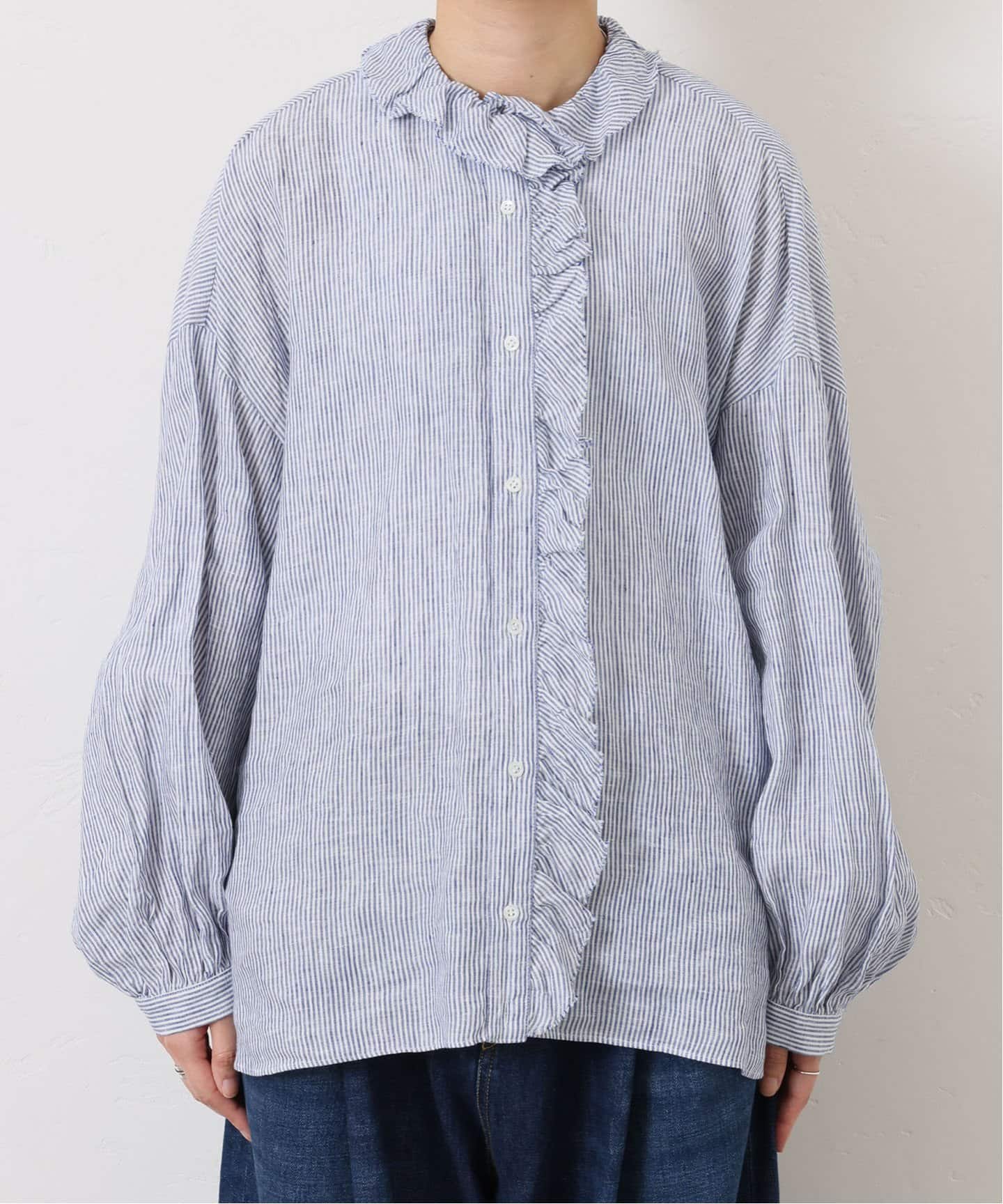 リネンストライプ フリルブラウス（シャツ／ブラウス）｜journal