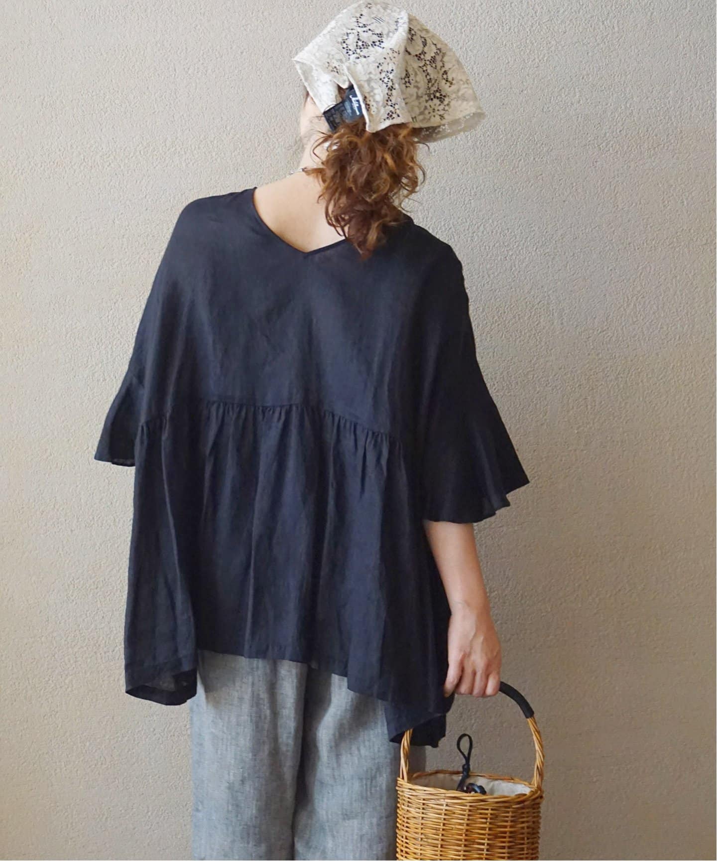 美品 ジャーナルスタンダード リネン100％ スタンドプルオーバー 洗える 黒 JOURNAL STANDARD LUXE シャツ ブラウス リネンワッシャー