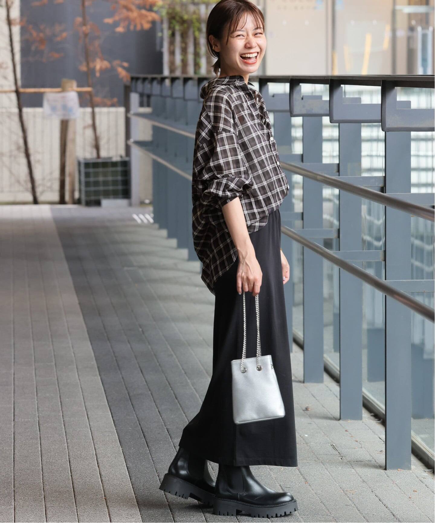 コットンローンチェックオーバーサイズシャツ ブラック系