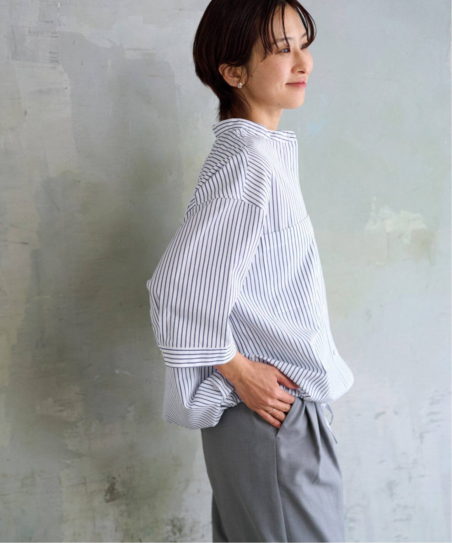 追加》ストライプバンドカラードロストシャツ（シャツ／ブラウス