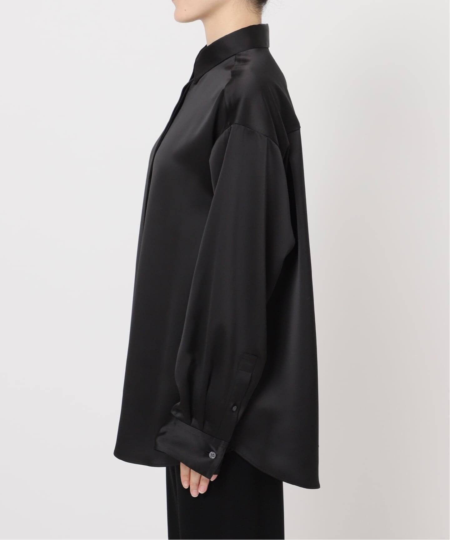 AP STUDIO サテン黒ボタン付きシャツ　新品 サテンシャツ（シャツ／ブラウス）｜AP STUDIO（エーピーストゥディオ