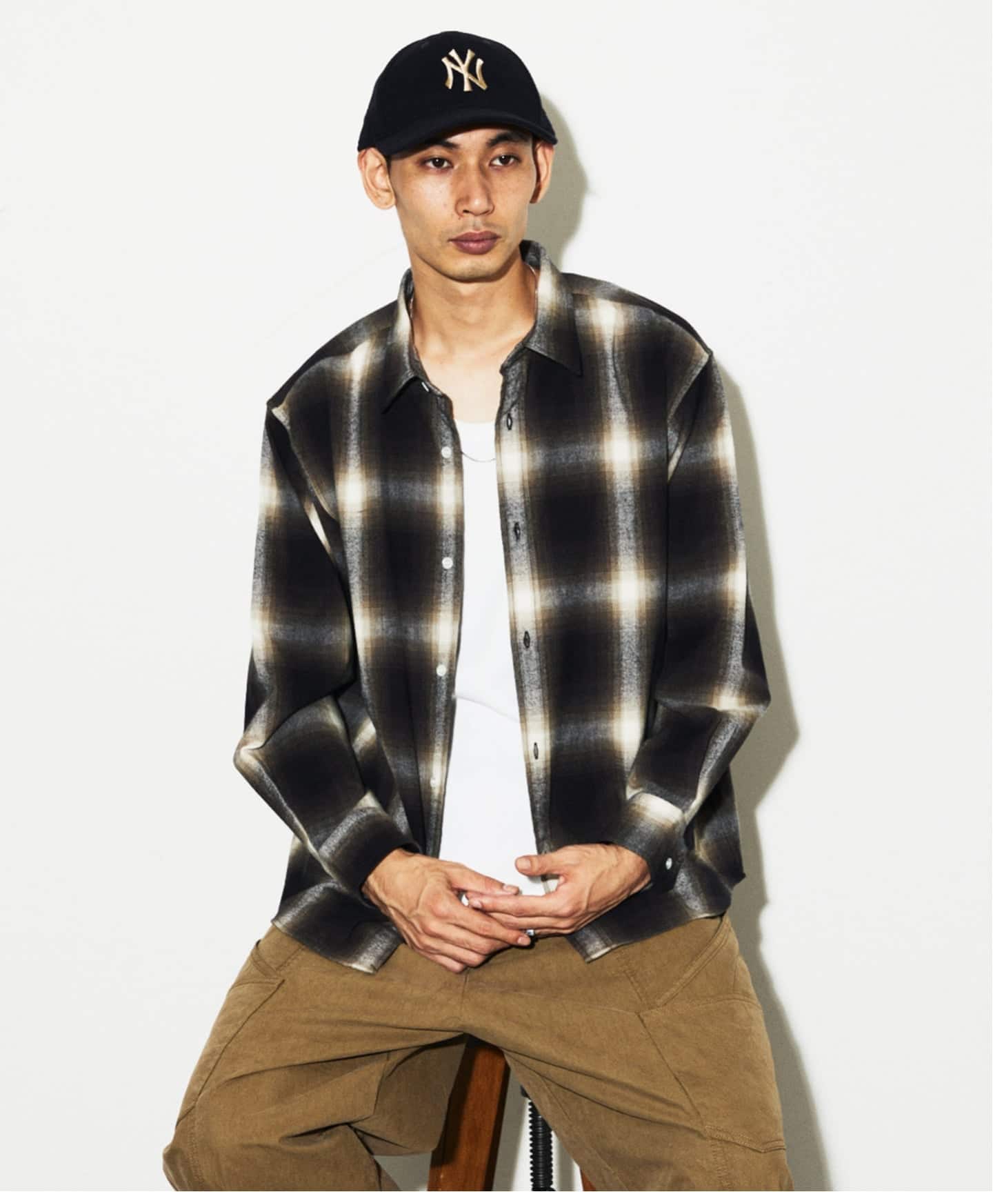 Subculture ブラウン・ブラックチェックネルシャツ サイズ2 オンブレ ナンバリング＆LAプリントオーバーサイズオンブレチェックネルシャツ