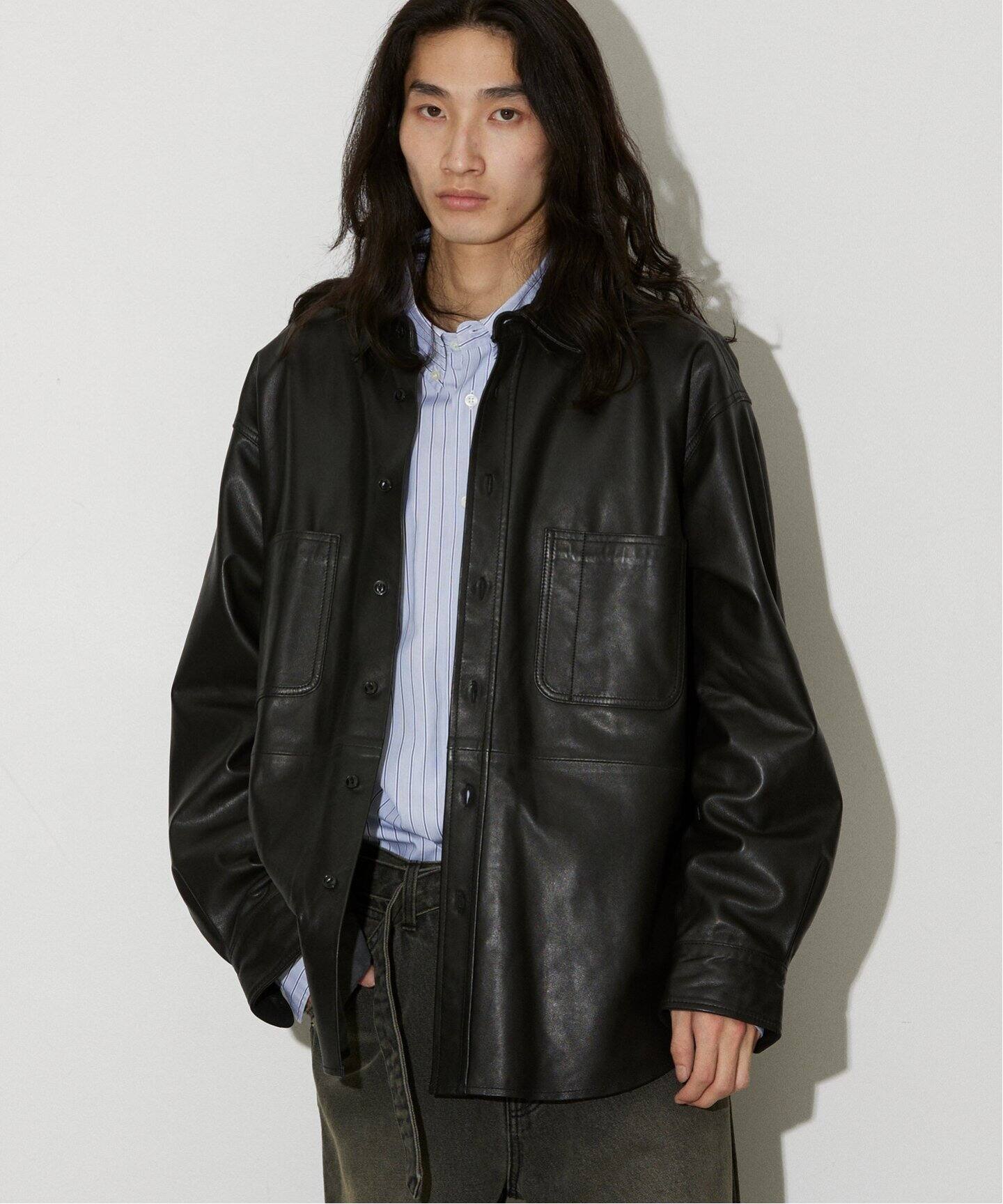 新品定価7.8万】ESTNATION ラムレザー シャツ ブラック L （梅雨でも 