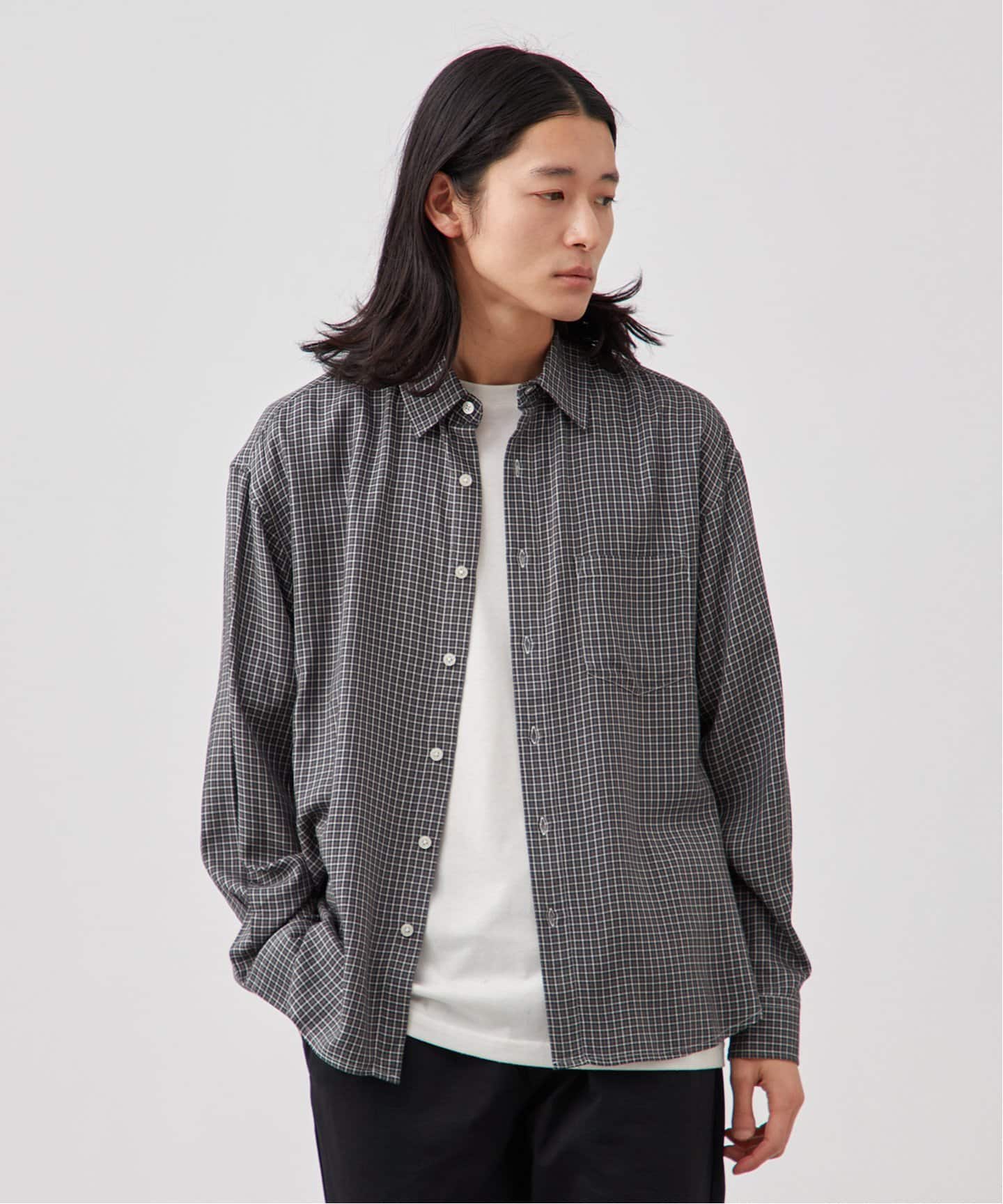 モダール レーヨン ミニチェック 黒 チェック 長袖シャツ L 古着