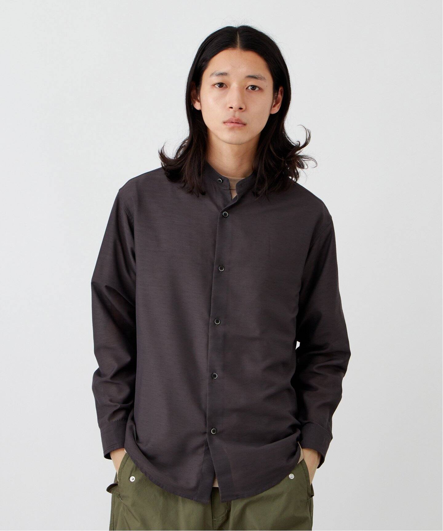 美品♪ドアーズ バンドカラー リネンシャツ 長袖 ベージュ 麻100% ah7 バンドカラーシャツ／長袖／ウォッシャブル／撥水／リネンライク／無地