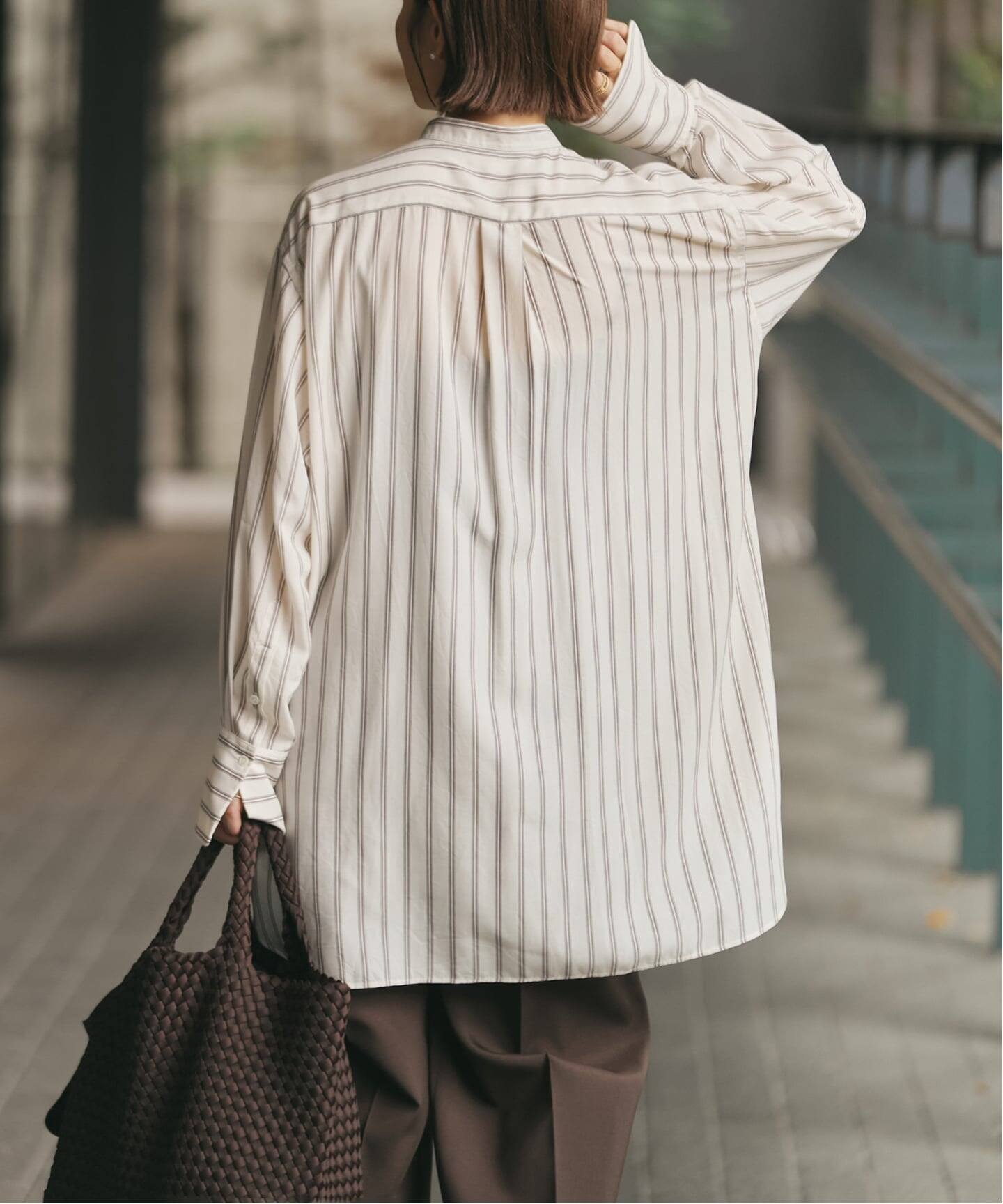 IENA バンドカラーシャツ コットン 長袖 白 IENA（イエナ）の「ストライプ バンドカラーシャツ◇（シャツ