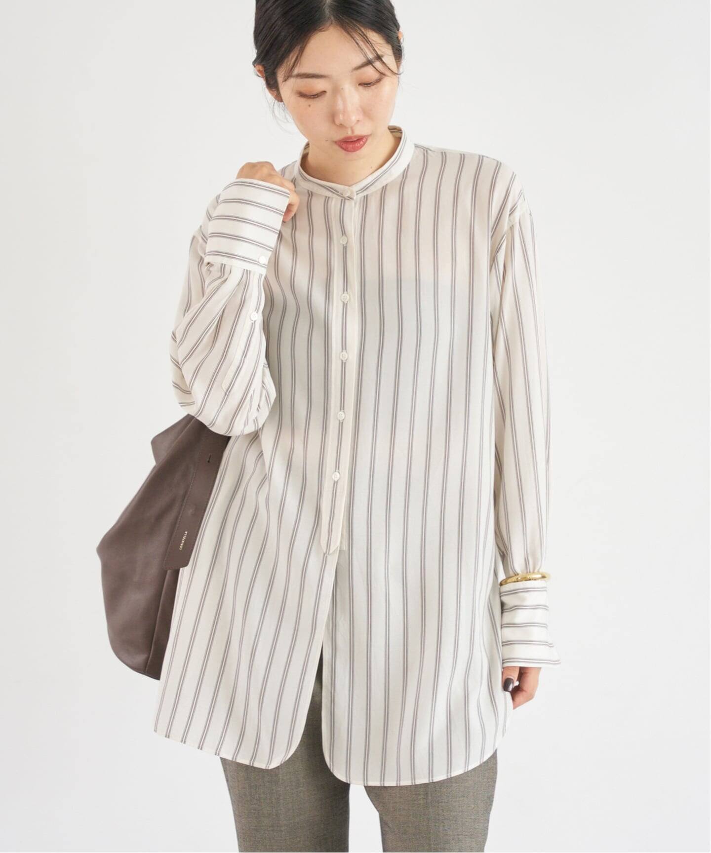 リヨセルストライプバンドカラーシャツ（シャツ／ブラウス）｜IENA