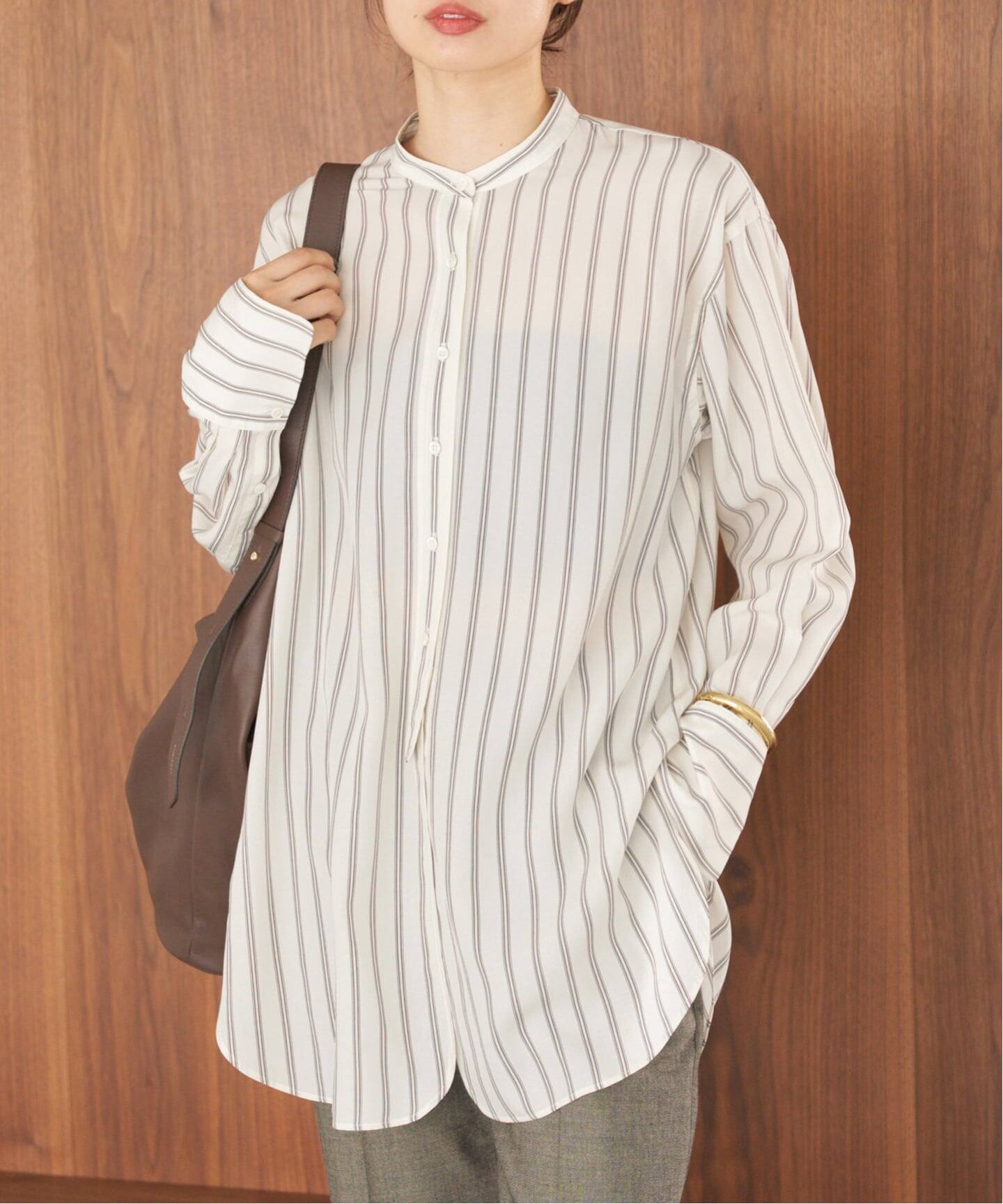 リヨセルストライプバンドカラーシャツ（シャツ／ブラウス）｜IENA