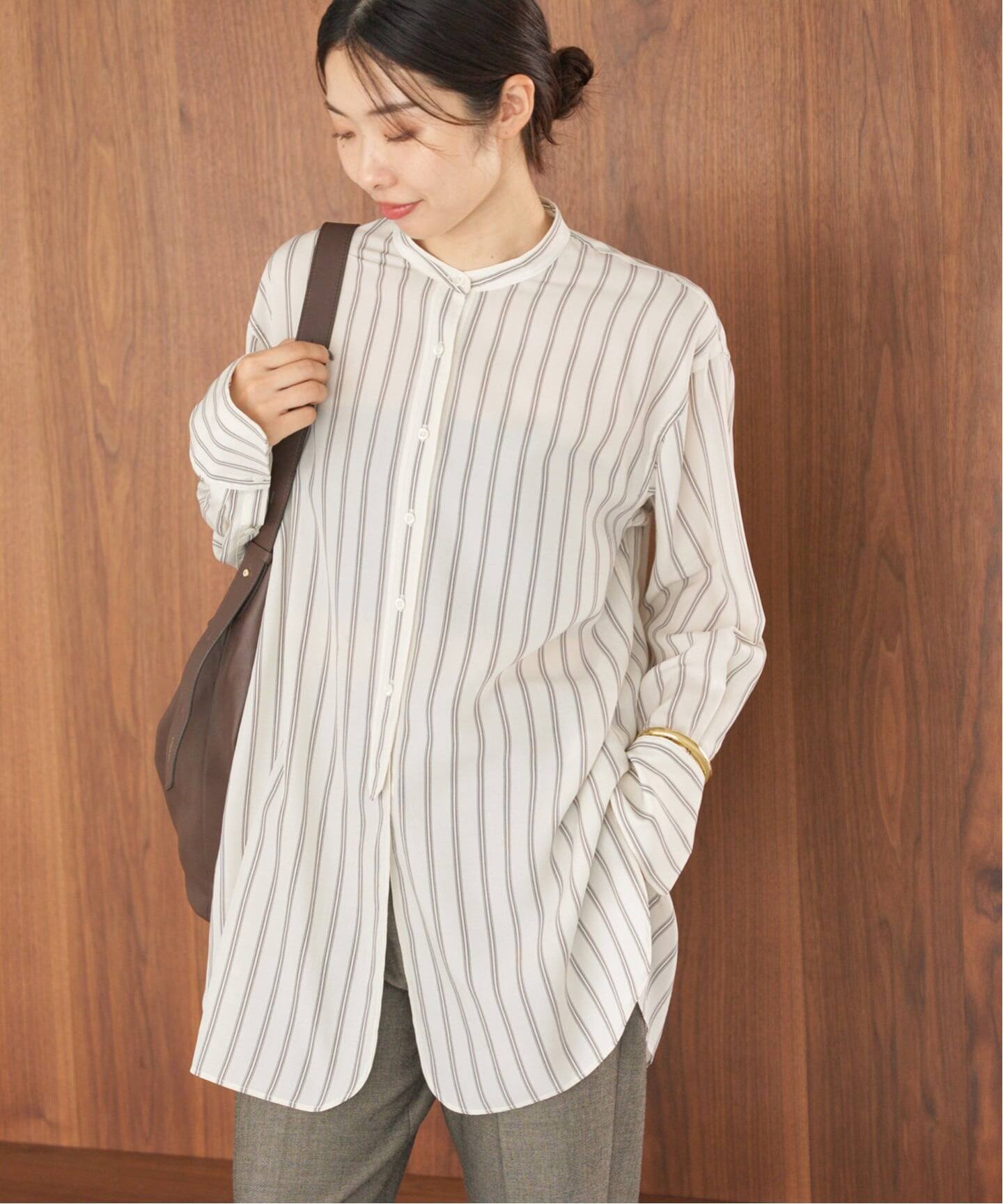 リヨセルストライプバンドカラーシャツ（シャツ／ブラウス）｜IENA