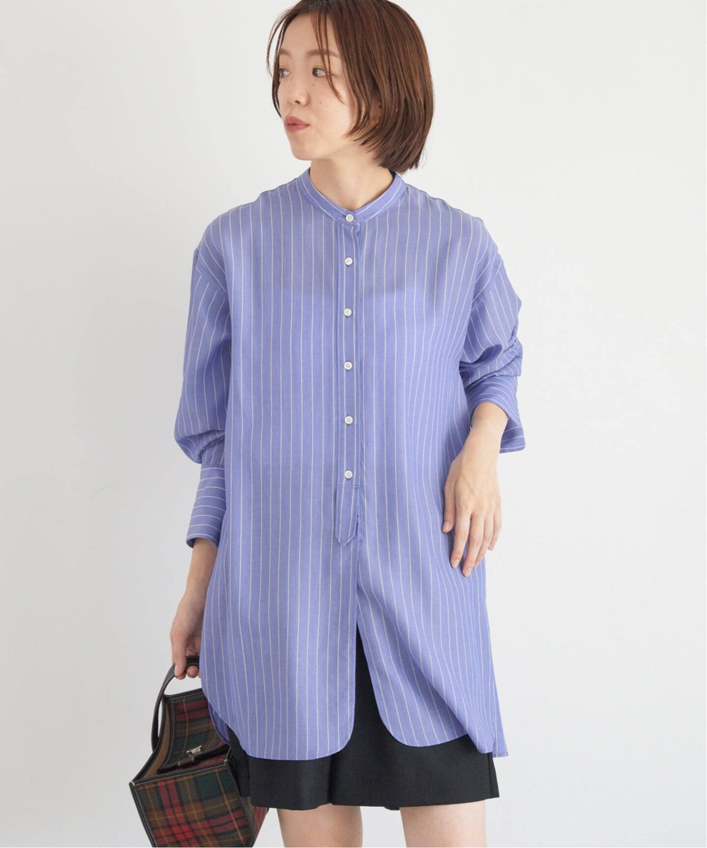 リヨセルストラップバンドカラー　IENA リヨセルストライプバンドカラーシャツ（シャツ／ブラウス）｜IENA